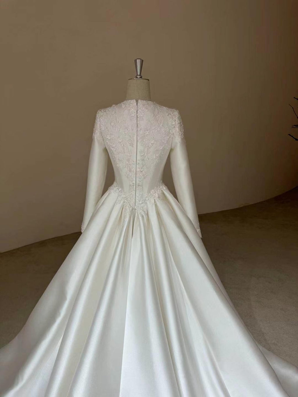 Long Sleeve Satin Ballgown Wedding Dress, Round Neck Lace Appliqué Bridal Gown With Cathedral Train