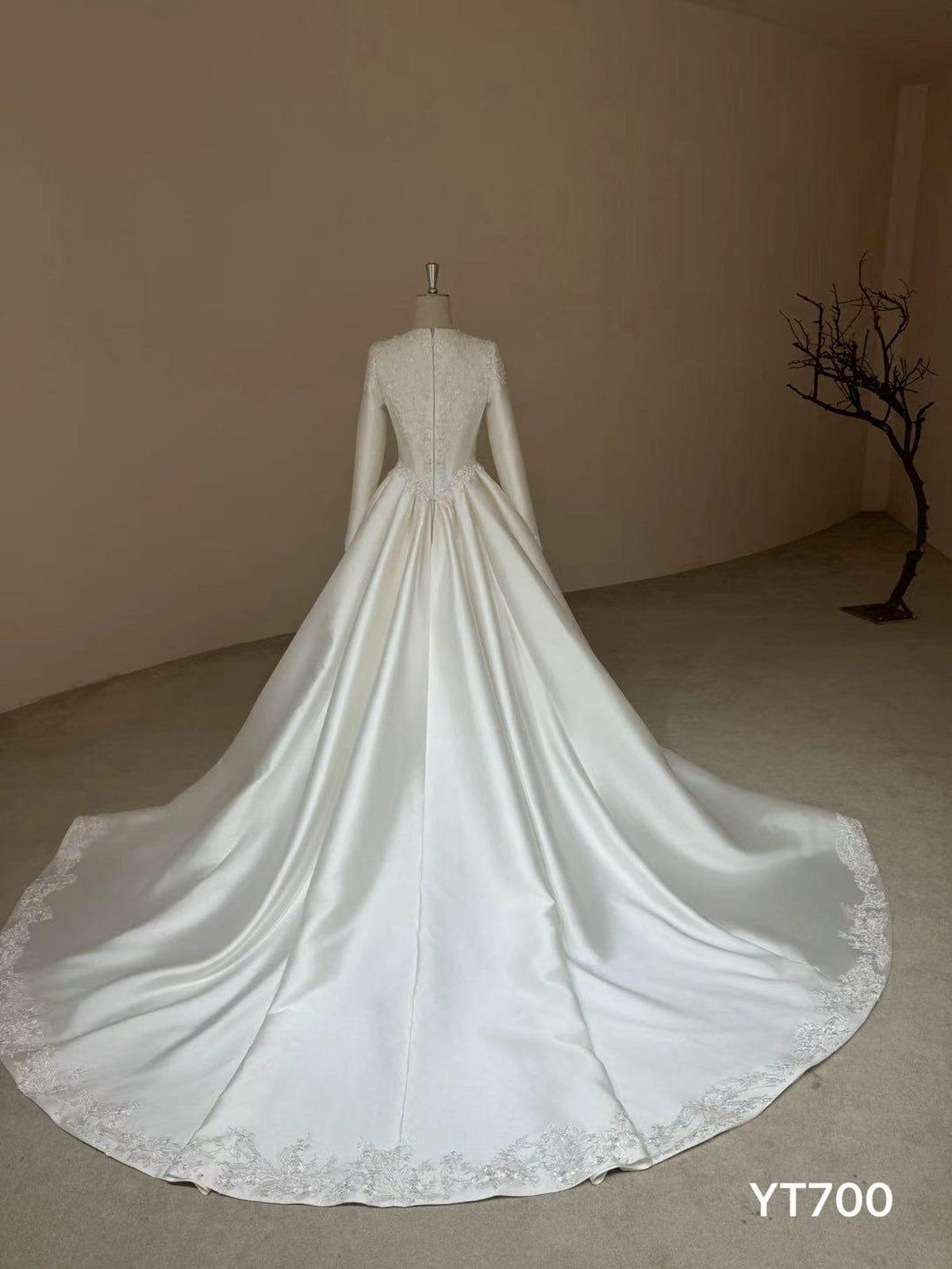 Long Sleeve Satin Ballgown Wedding Dress, Round Neck Lace Appliqué Bridal Gown With Cathedral Train