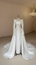 Square Neck Long Sleeve Satin Wedding Gown, Beaded Corset Bridal Dress, Detachable Overskirt Train