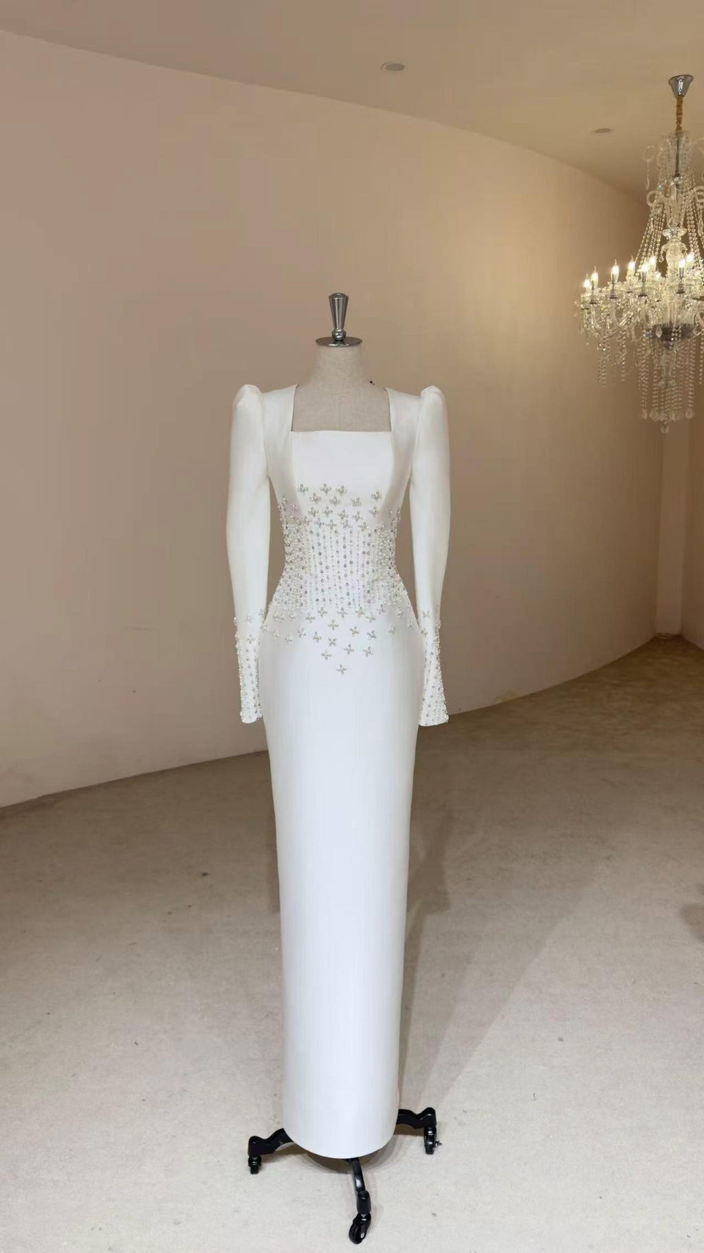 Square Neck Long Sleeve Satin Wedding Gown, Beaded Corset Bridal Dress, Detachable Overskirt Train