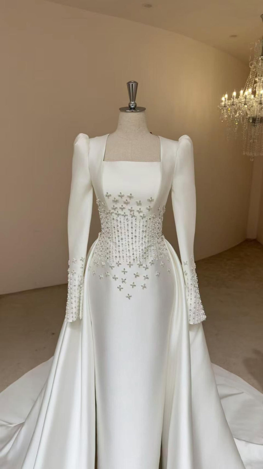 Square Neck Long Sleeve Satin Wedding Gown, Beaded Corset Bridal Dress, Detachable Overskirt Train