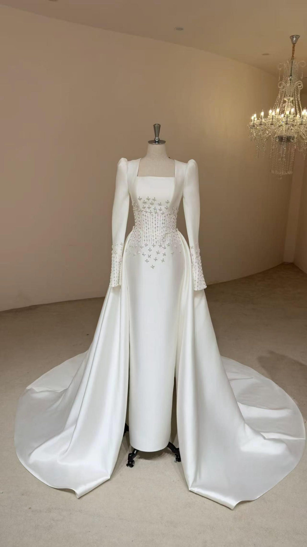 Square Neck Long Sleeve Satin Wedding Gown, Beaded Corset Bridal Dress, Detachable Overskirt Train