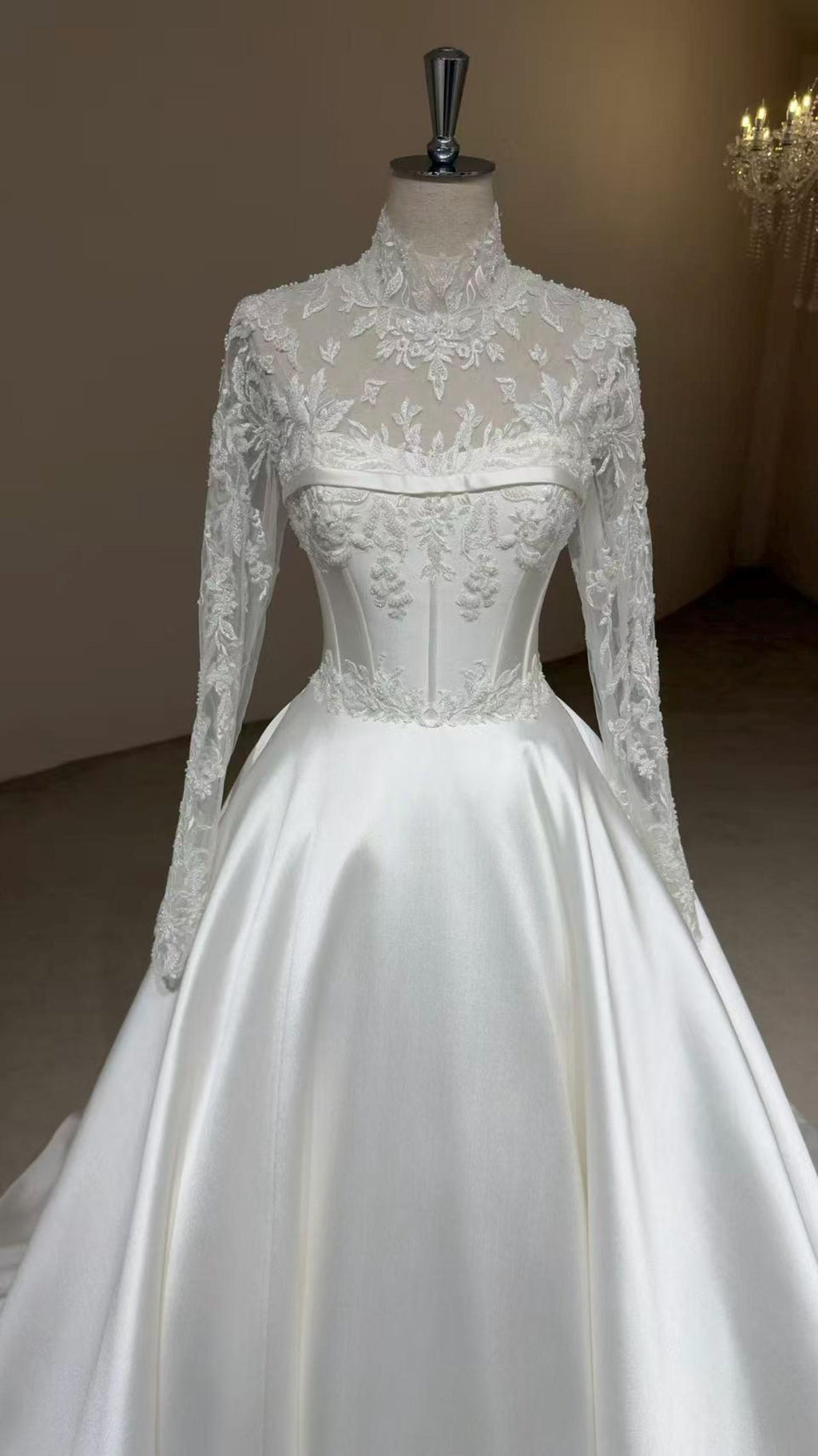 High Neck Lace Long Sleeve Satin Wedding Gown, Sheer Floral Lace Corset Bridal Ballgown