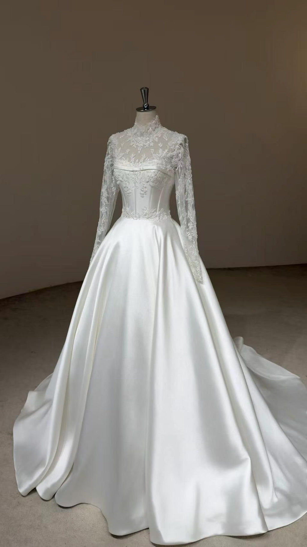 High Neck Lace Long Sleeve Satin Wedding Gown, Sheer Floral Lace Corset Bridal Ballgown