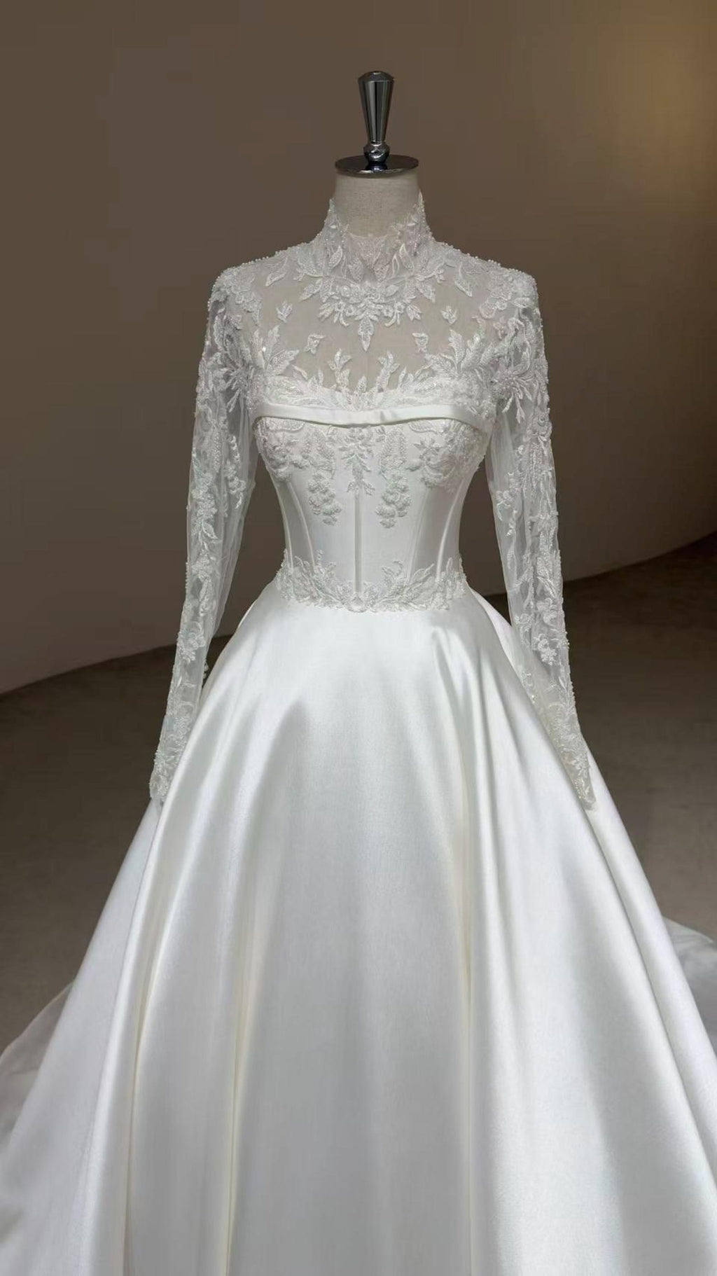 High Neck Lace Long Sleeve Satin Wedding Gown, Sheer Floral Lace Corset Bridal Ballgown