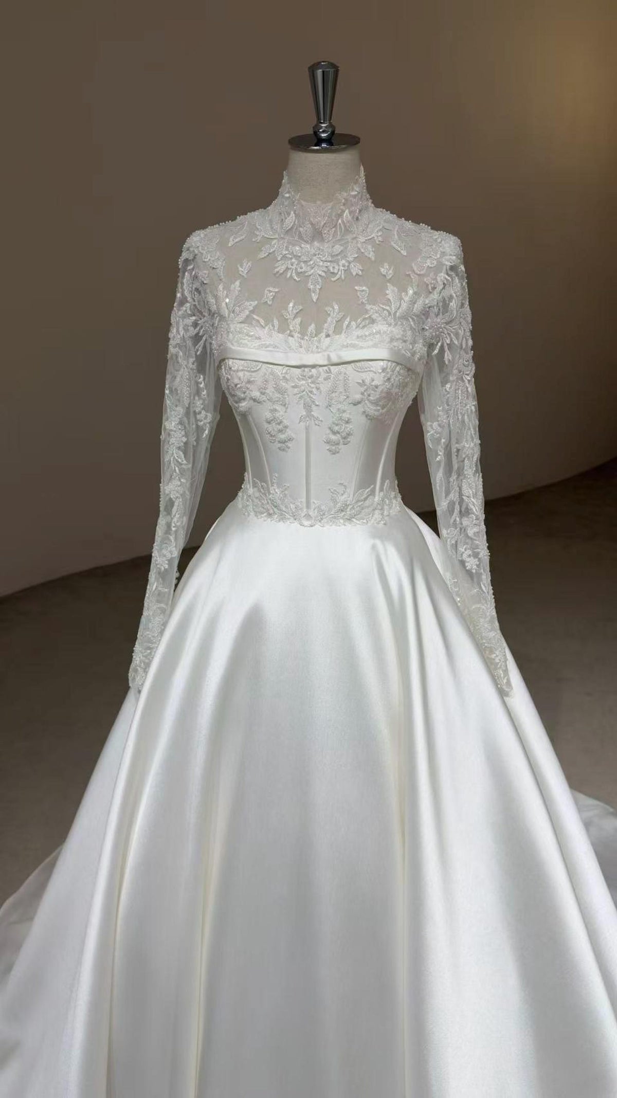 High Neck Lace Long Sleeve Satin Wedding Gown, Sheer Floral Lace Corset Bridal Ballgown