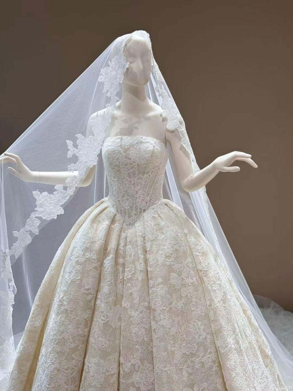 Strapless Full Lace Ballgown Wedding Dress, Vintage Floral Lace Bridal Gown With Lace Veil