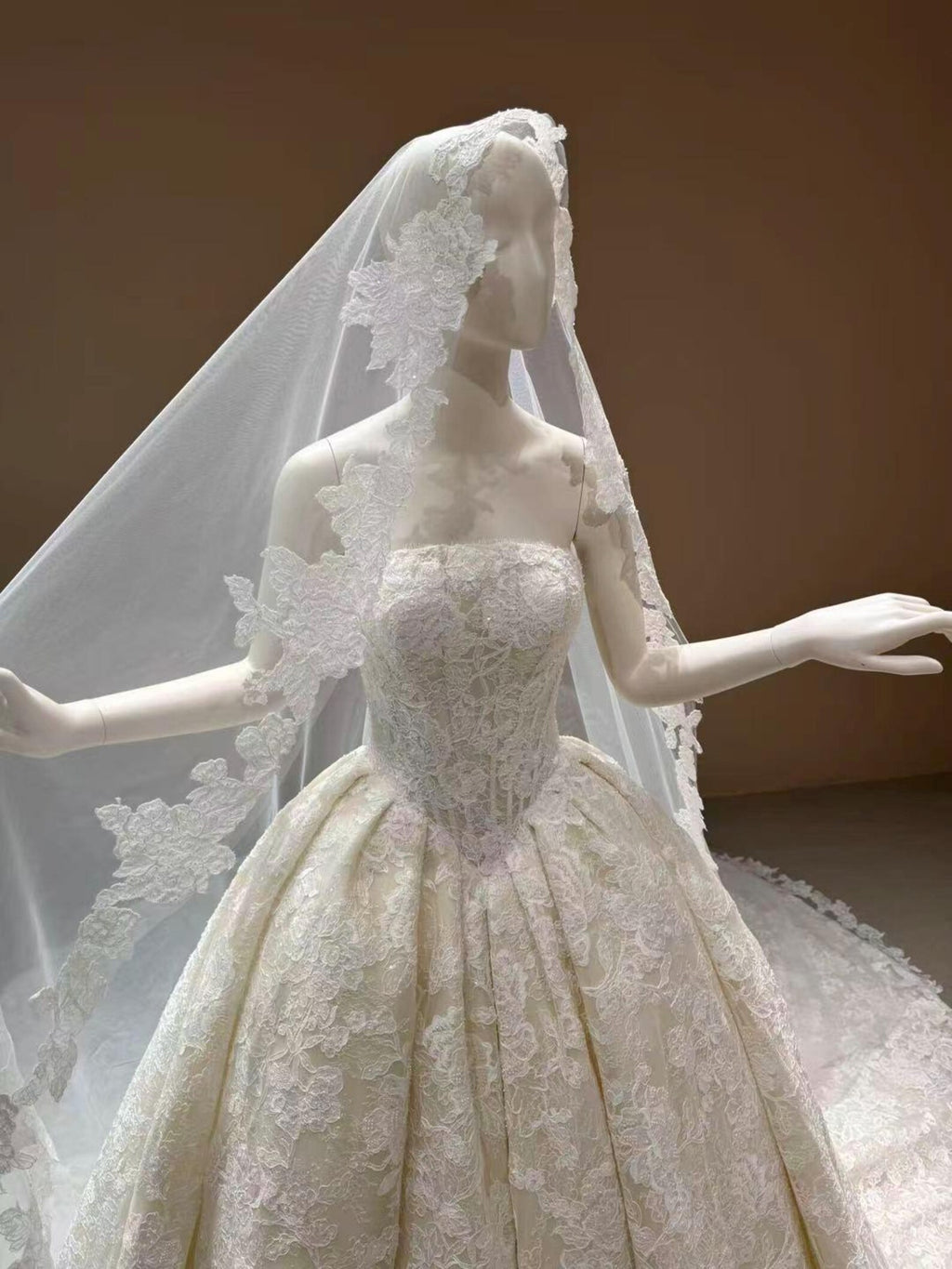 Strapless Full Lace Ballgown Wedding Dress, Vintage Floral Lace Bridal Gown With Lace Veil