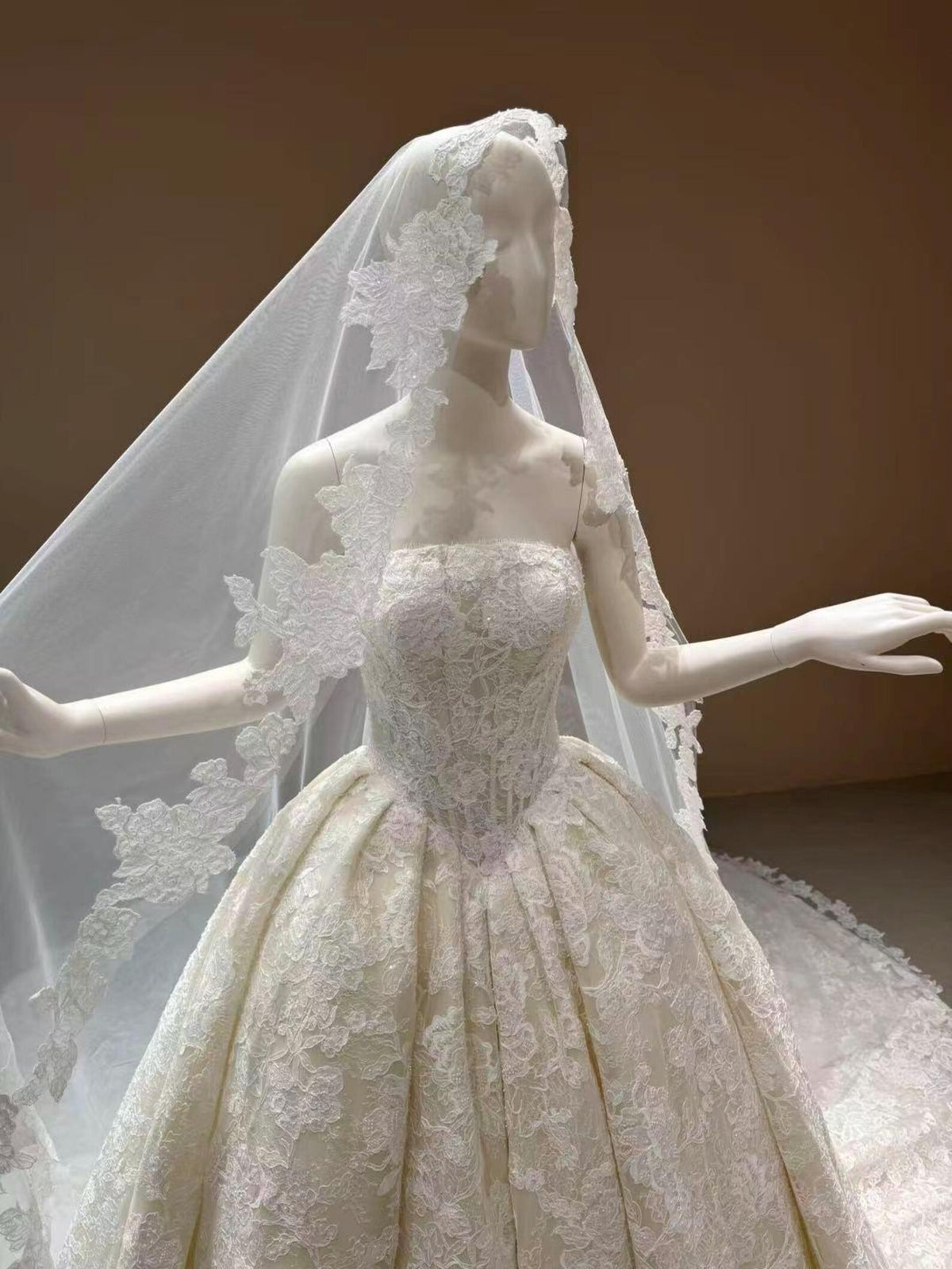 Strapless Full Lace Ballgown Wedding Dress, Vintage Floral Lace Bridal Gown With Lace Veil