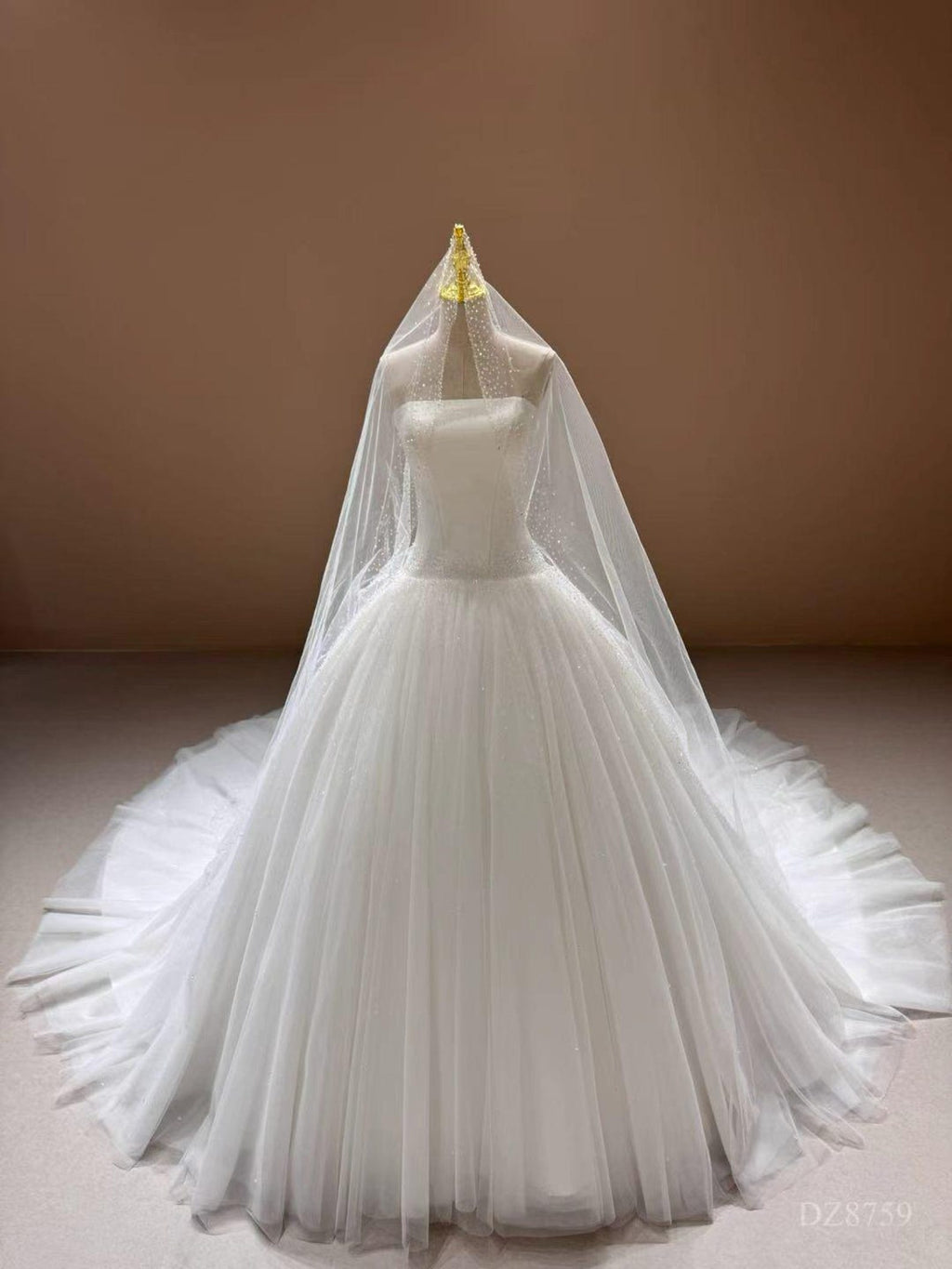 Strapless Beaded Tulle Ballgown Wedding Dress, Sparkling Dotted Cathedral Veil Bridal Gown