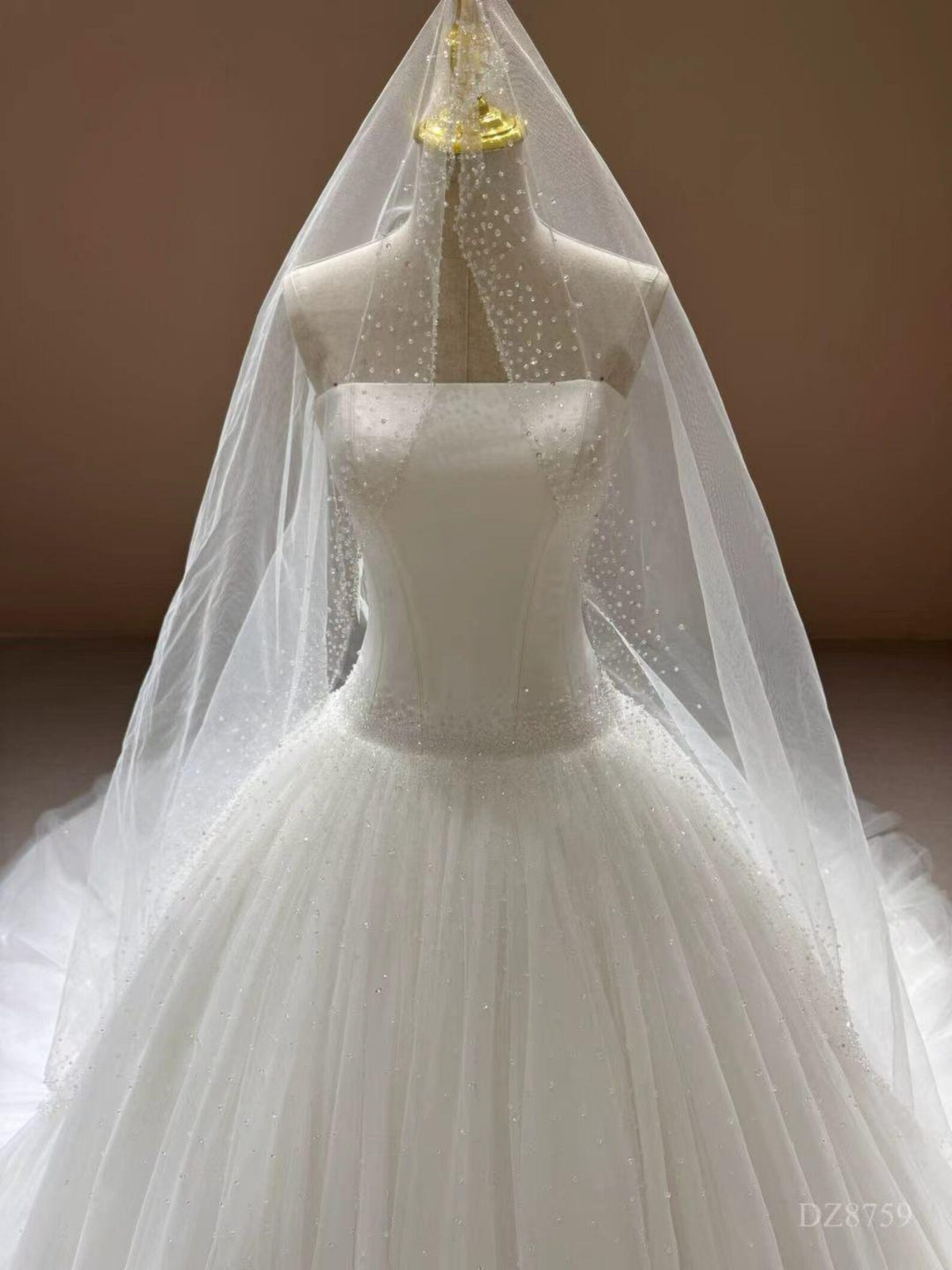 Strapless Beaded Tulle Ballgown Wedding Dress, Sparkling Dotted Cathedral Veil Bridal Gown