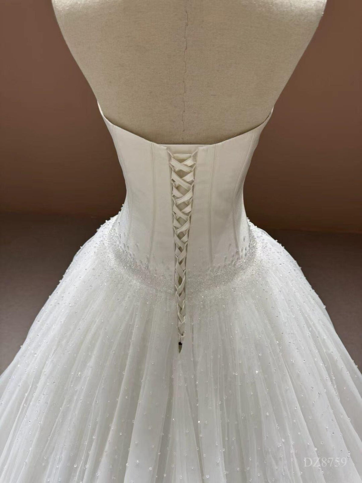 Strapless Beaded Tulle Ballgown Wedding Dress, Sparkling Dotted Cathedral Veil Bridal Gown