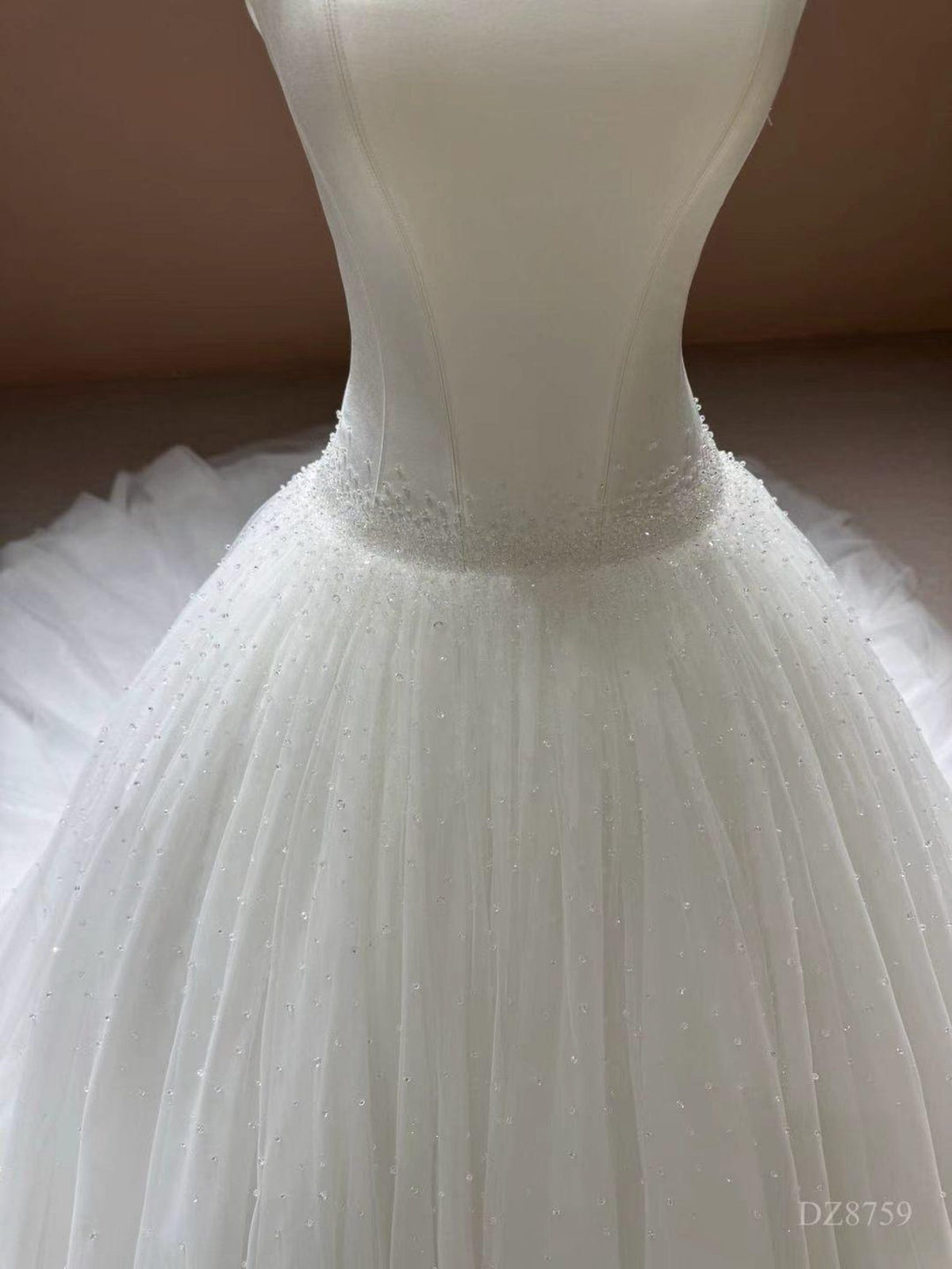 Strapless Beaded Tulle Ballgown Wedding Dress, Sparkling Dotted Cathedral Veil Bridal Gown