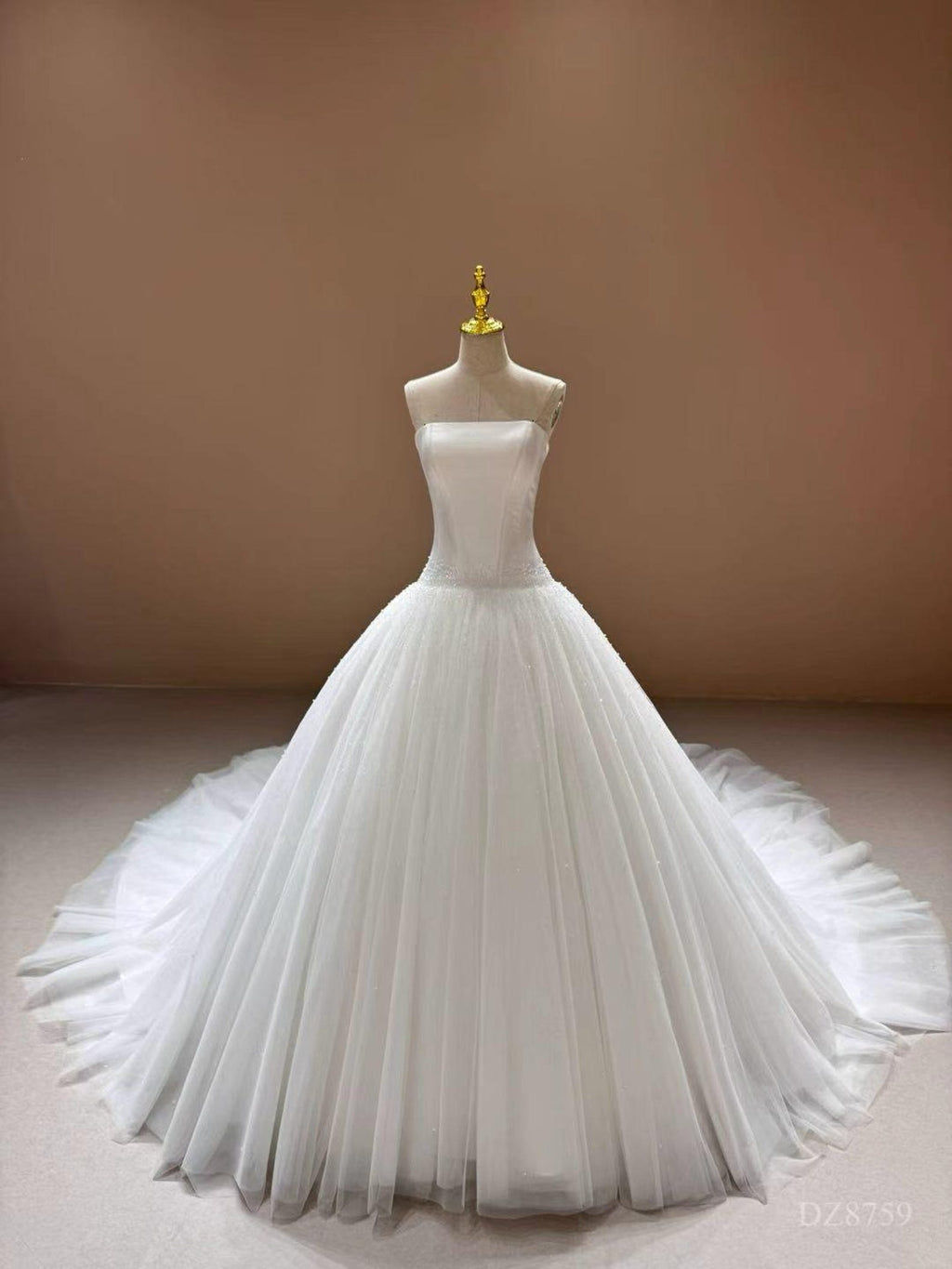 Strapless Beaded Tulle Ballgown Wedding Dress, Sparkling Dotted Cathedral Veil Bridal Gown