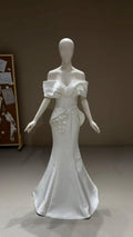 Off Shoulder Mikado Satin Mermaid Wedding Dress, Large Fold Bow Bodice 3D Floral Bridal Gown