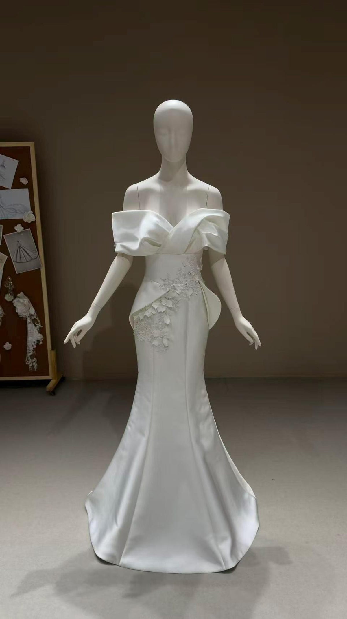Off Shoulder Mikado Satin Mermaid Wedding Dress, Large Fold Bow Bodice 3D Floral Bridal Gown