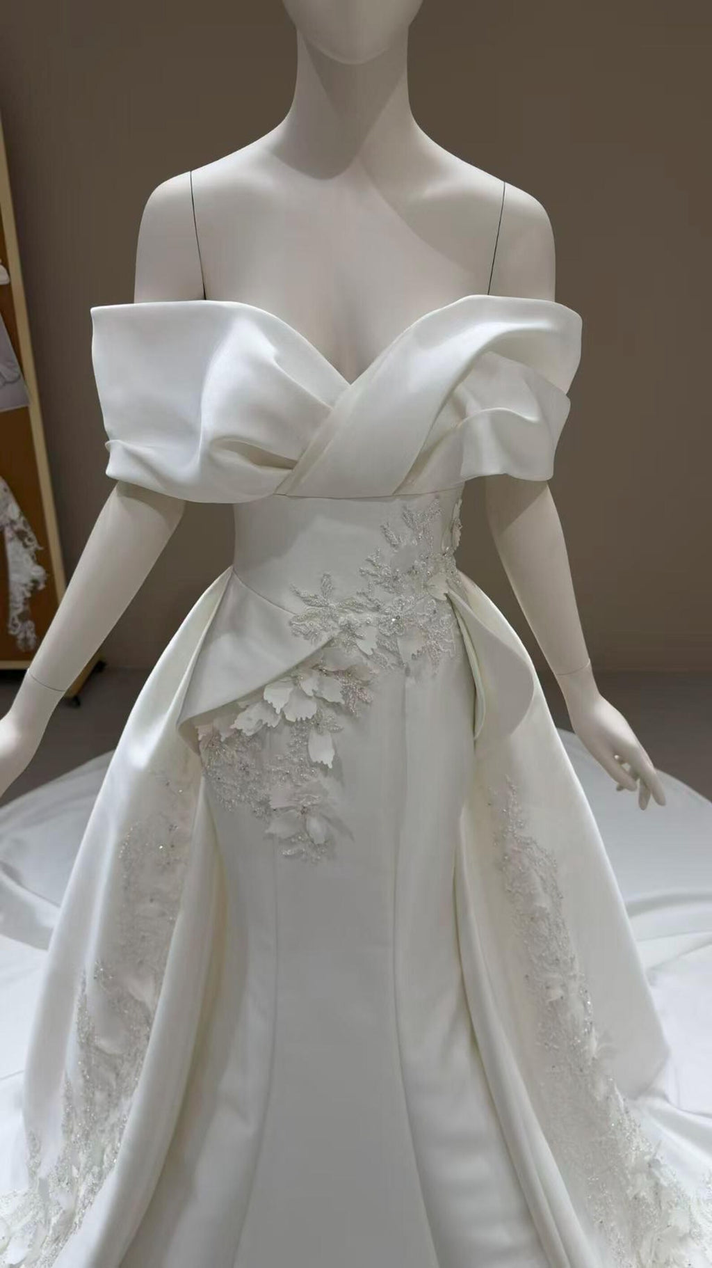 Off Shoulder Mikado Satin Mermaid Wedding Dress, Large Fold Bow Bodice 3D Floral Bridal Gown