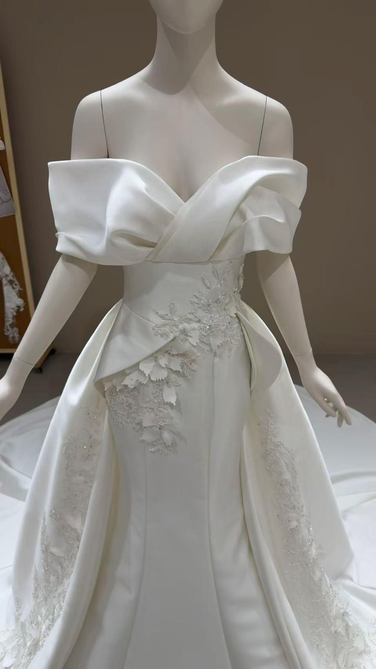 Off Shoulder Mikado Satin Mermaid Wedding Dress, Large Fold Bow Bodice 3D Floral Bridal Gown