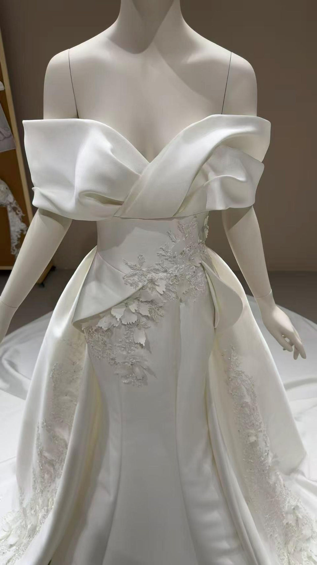 Off Shoulder Mikado Satin Mermaid Wedding Dress, Large Fold Bow Bodice 3D Floral Bridal Gown