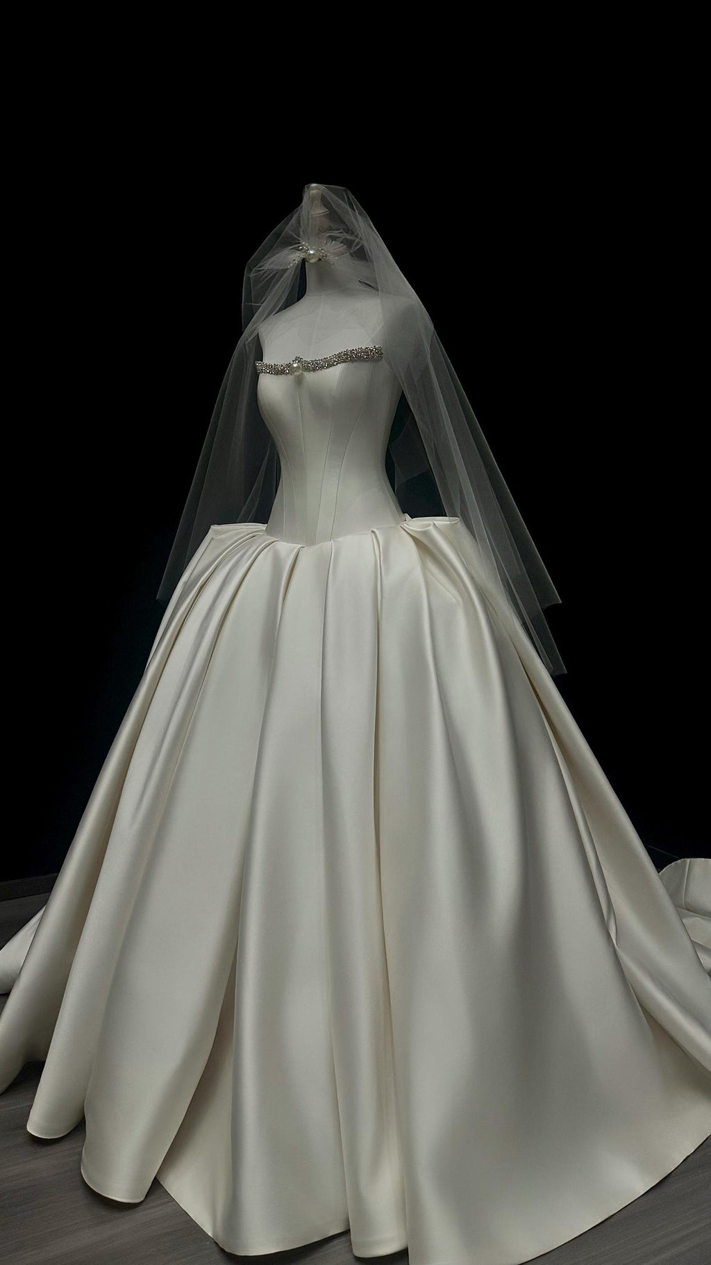 Strapless Beaded Mikado Satin Ballgown Wedding Dress, Pleated Bridal Gown With Matching Veil