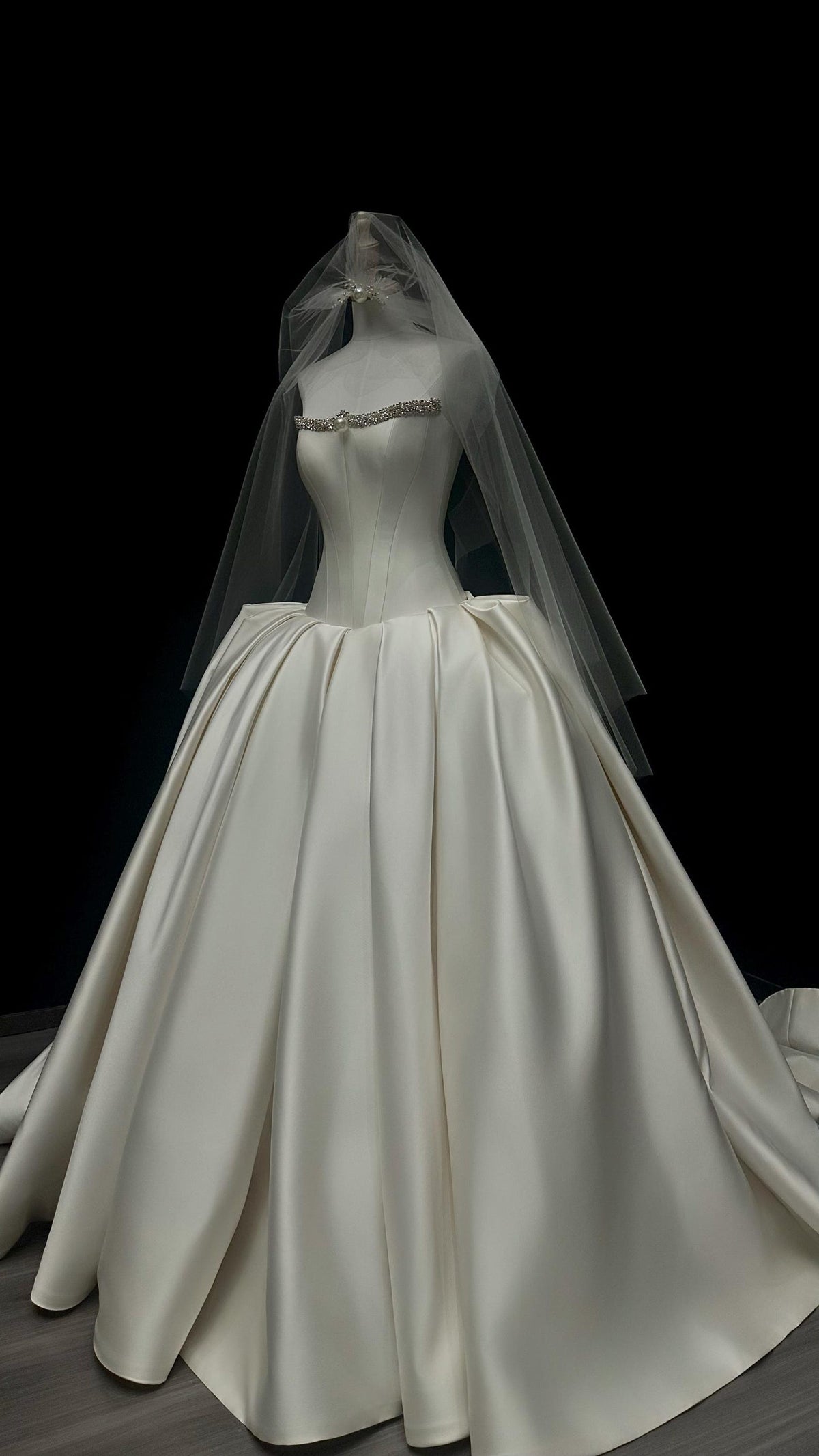 Strapless Beaded Mikado Satin Ballgown Wedding Dress, Pleated Bridal Gown With Matching Veil