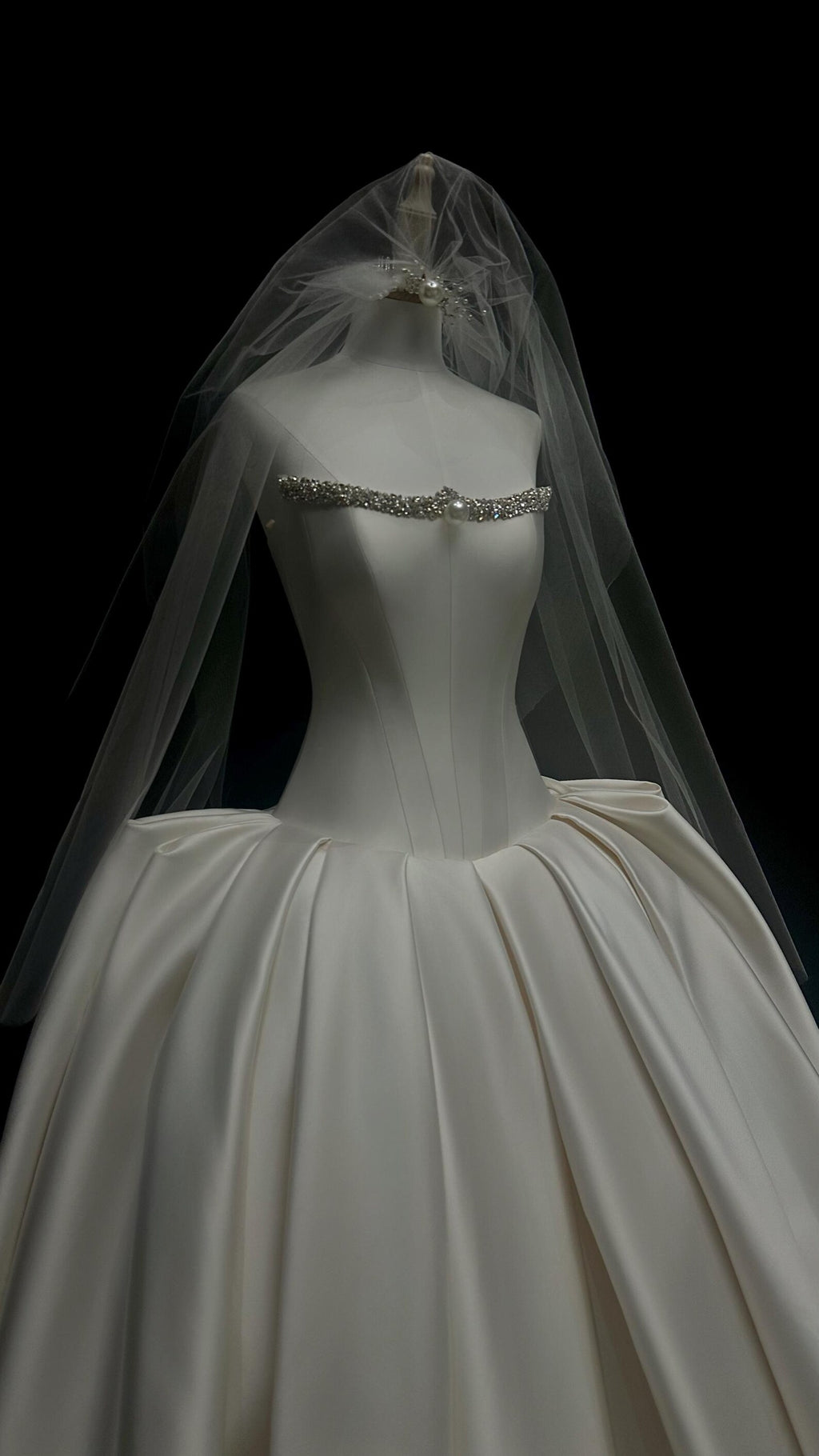 Strapless Beaded Mikado Satin Ballgown Wedding Dress, Pleated Bridal Gown With Matching Veil