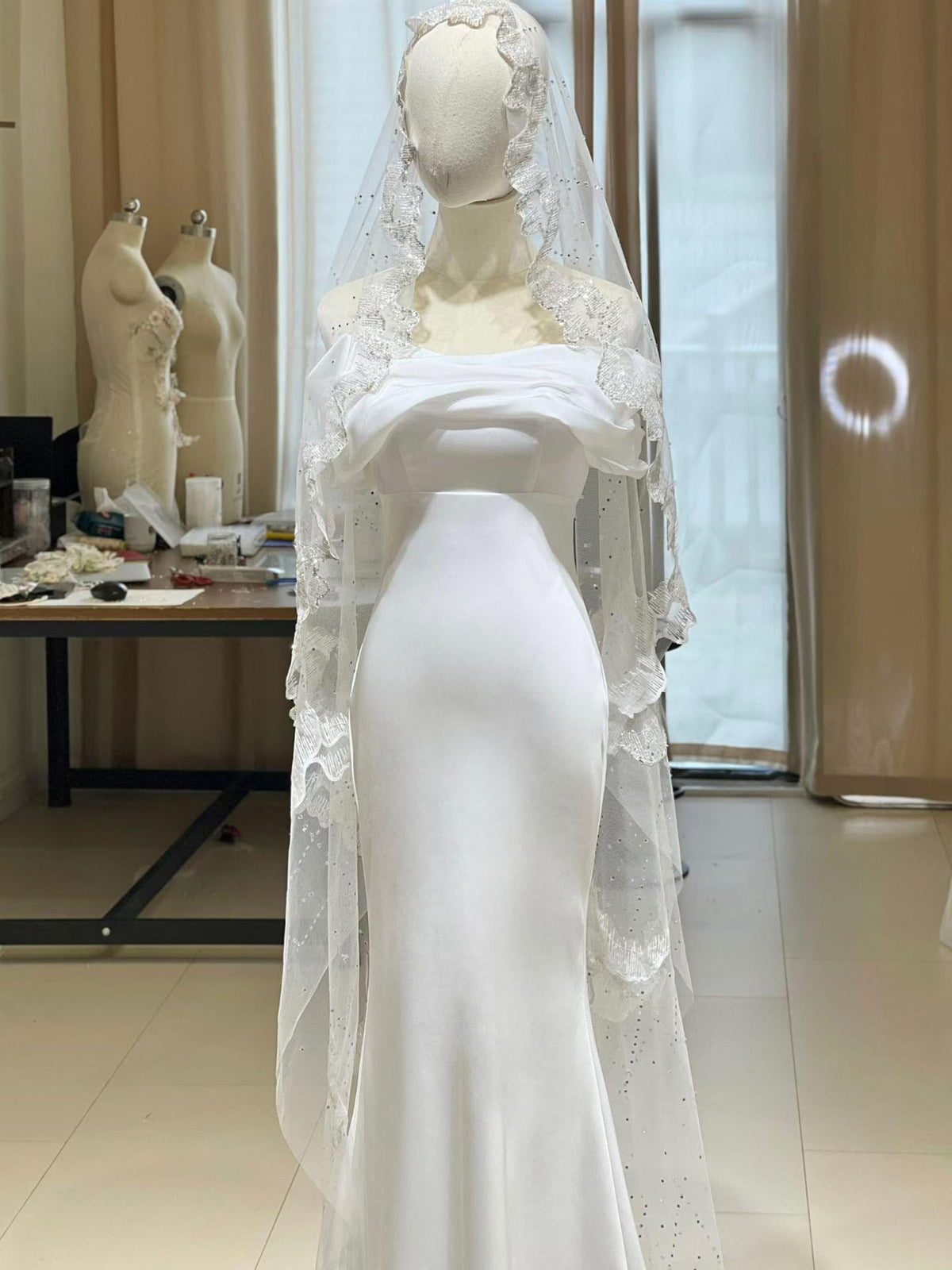 Draped Off Shoulder Mermaid Wedding Dress, Soft Satin Bridal Gown With Lace Beaded Veil