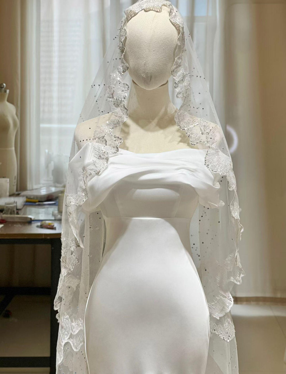 Draped Off Shoulder Mermaid Wedding Dress, Soft Satin Bridal Gown With Lace Beaded Veil