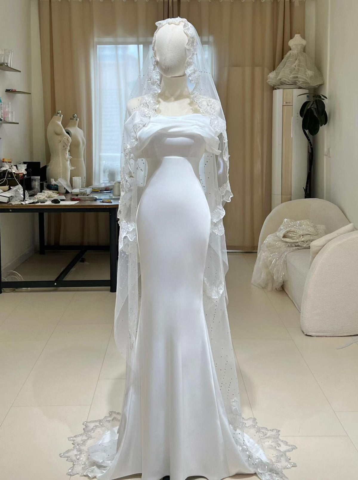 Draped Off Shoulder Mermaid Wedding Dress, Soft Satin Bridal Gown With Lace Beaded Veil
