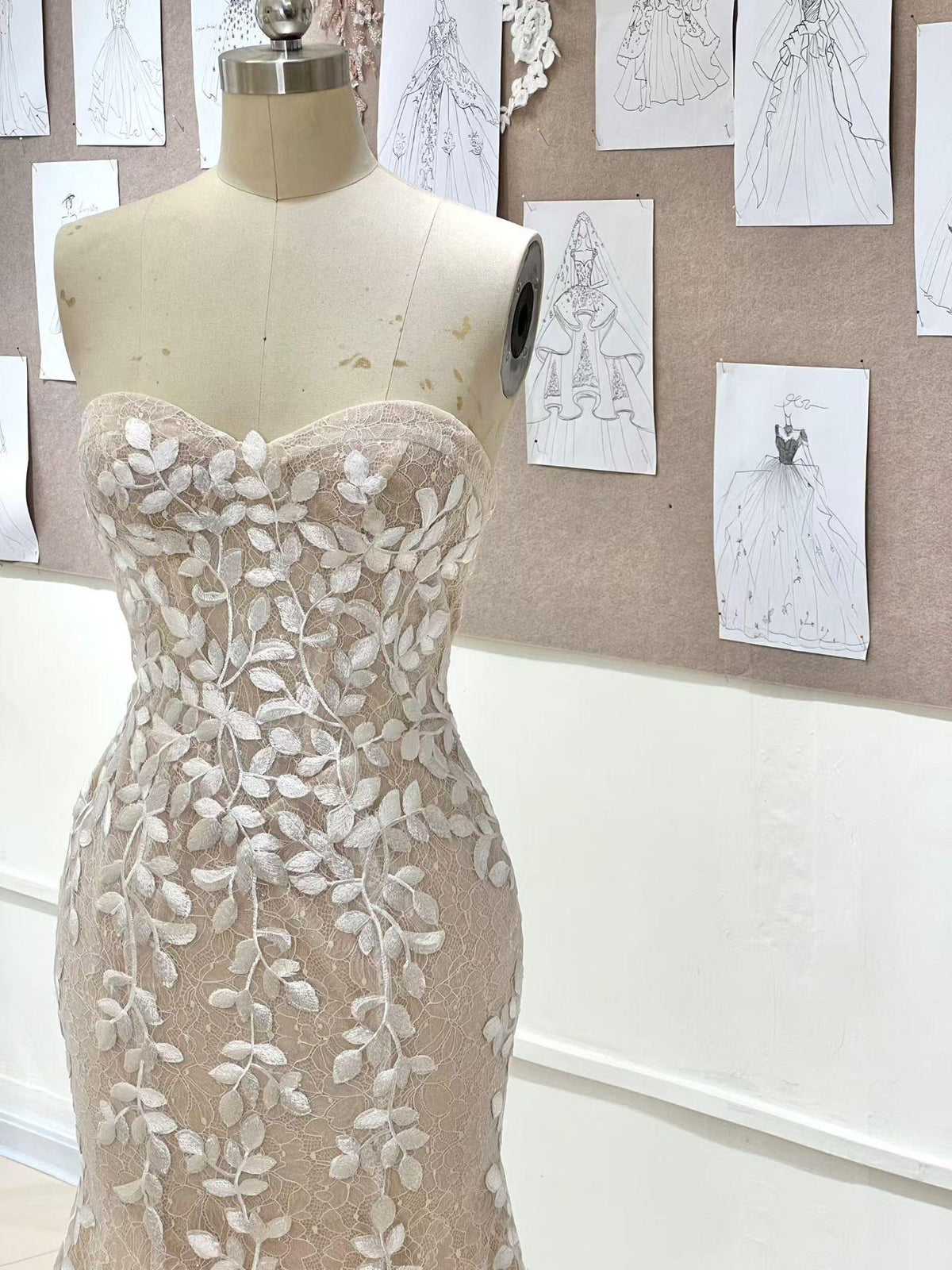 Sweetheart Strapless Mermaid Wedding Dress, 3D Leaf Lace Nude Tulle Bridal Gown With Train