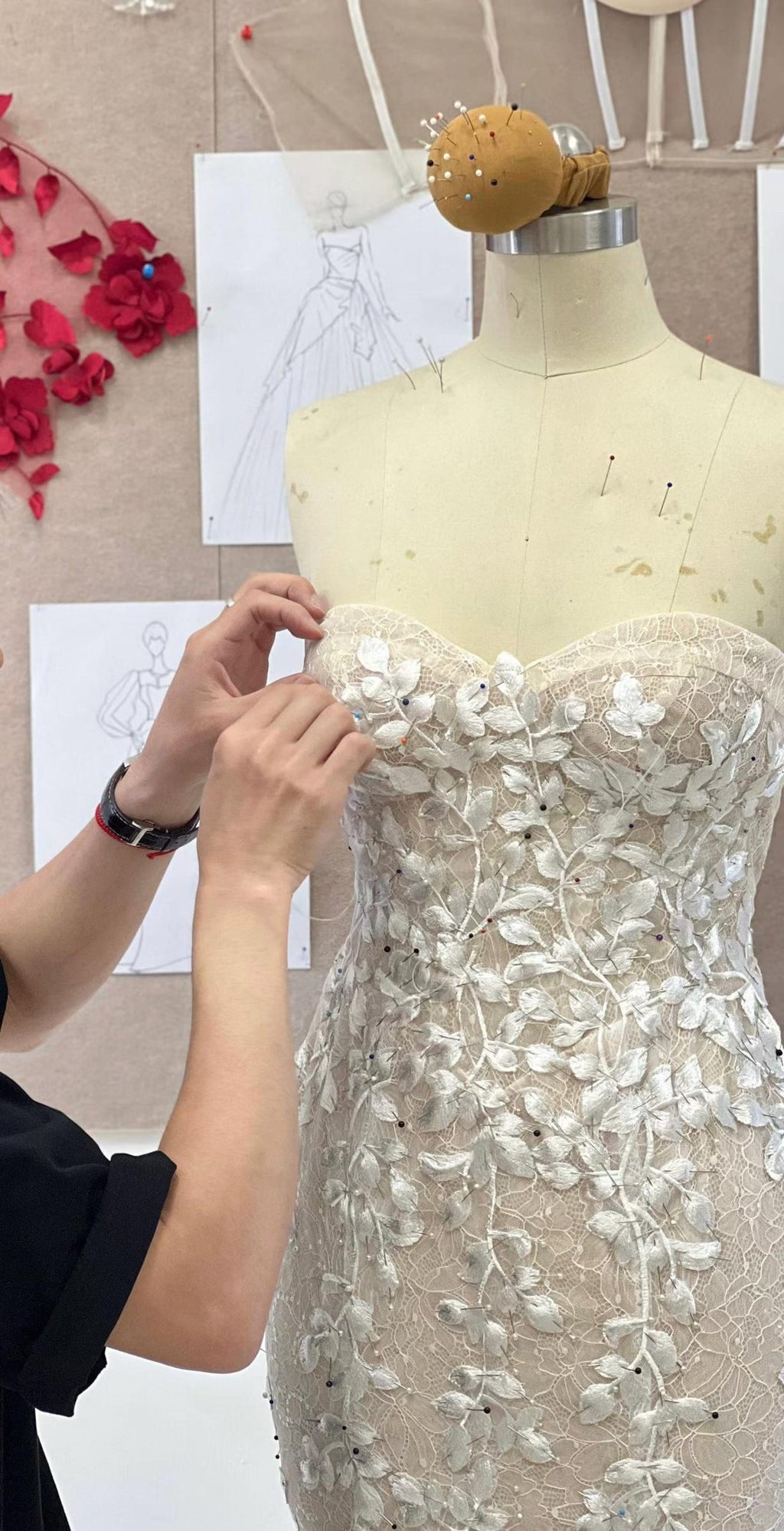 Sweetheart Strapless Mermaid Wedding Dress, 3D Leaf Lace Nude Tulle Bridal Gown With Train