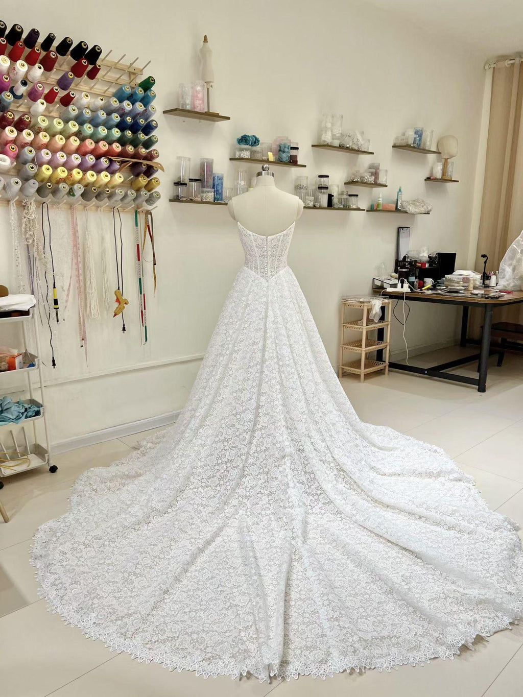Sweetheart Strapless All Lace A-Line Wedding Dress, Full Lace Bridal Gown With Chapel Train