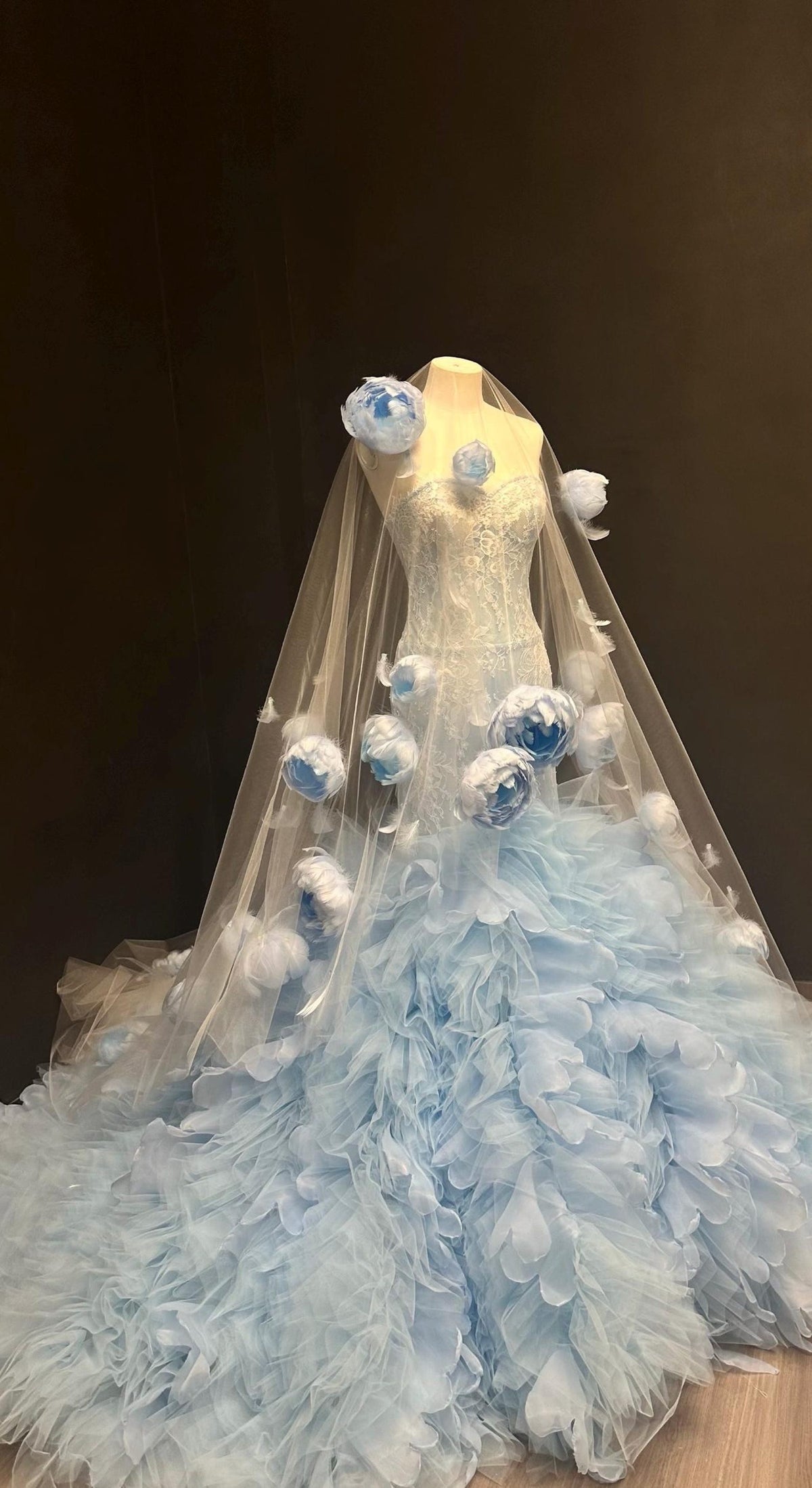 Light Blue 3D Floral Mermaid Gown, Feather Flower Ruffled Tulle Train Evening Dress