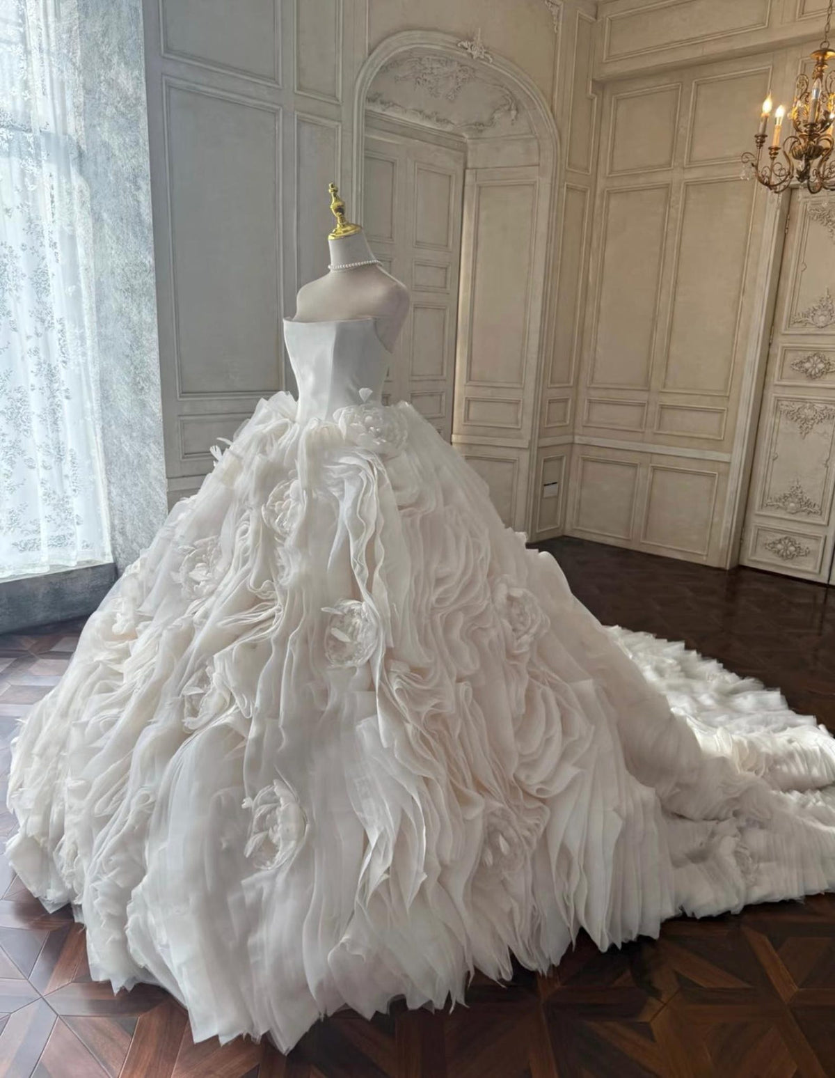 Strapless 3D Floral Wedding Gown, Ruffled Organza Ballgown Wedding Dress