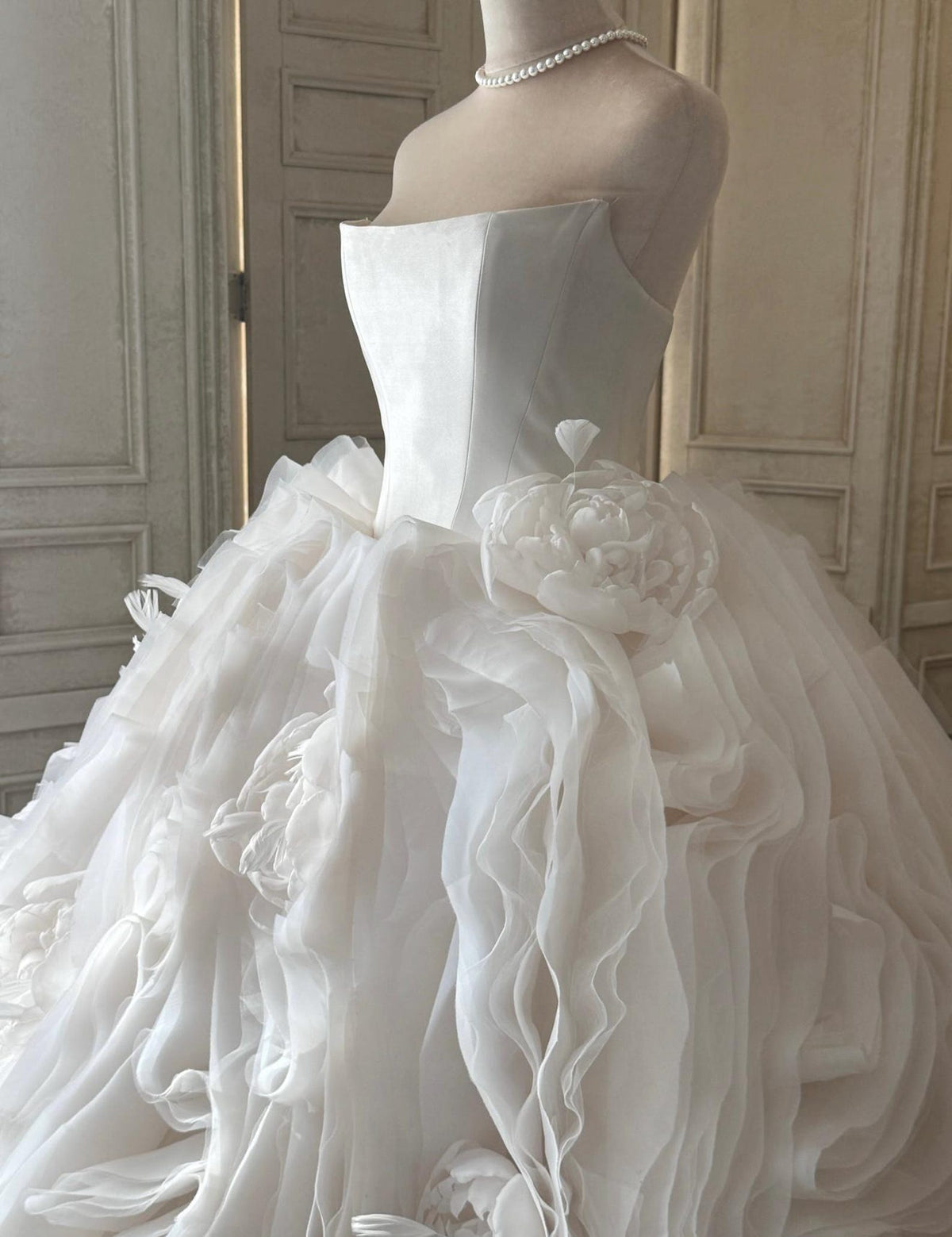 Strapless 3D Floral Wedding Gown, Ruffled Organza Ballgown Wedding Dress