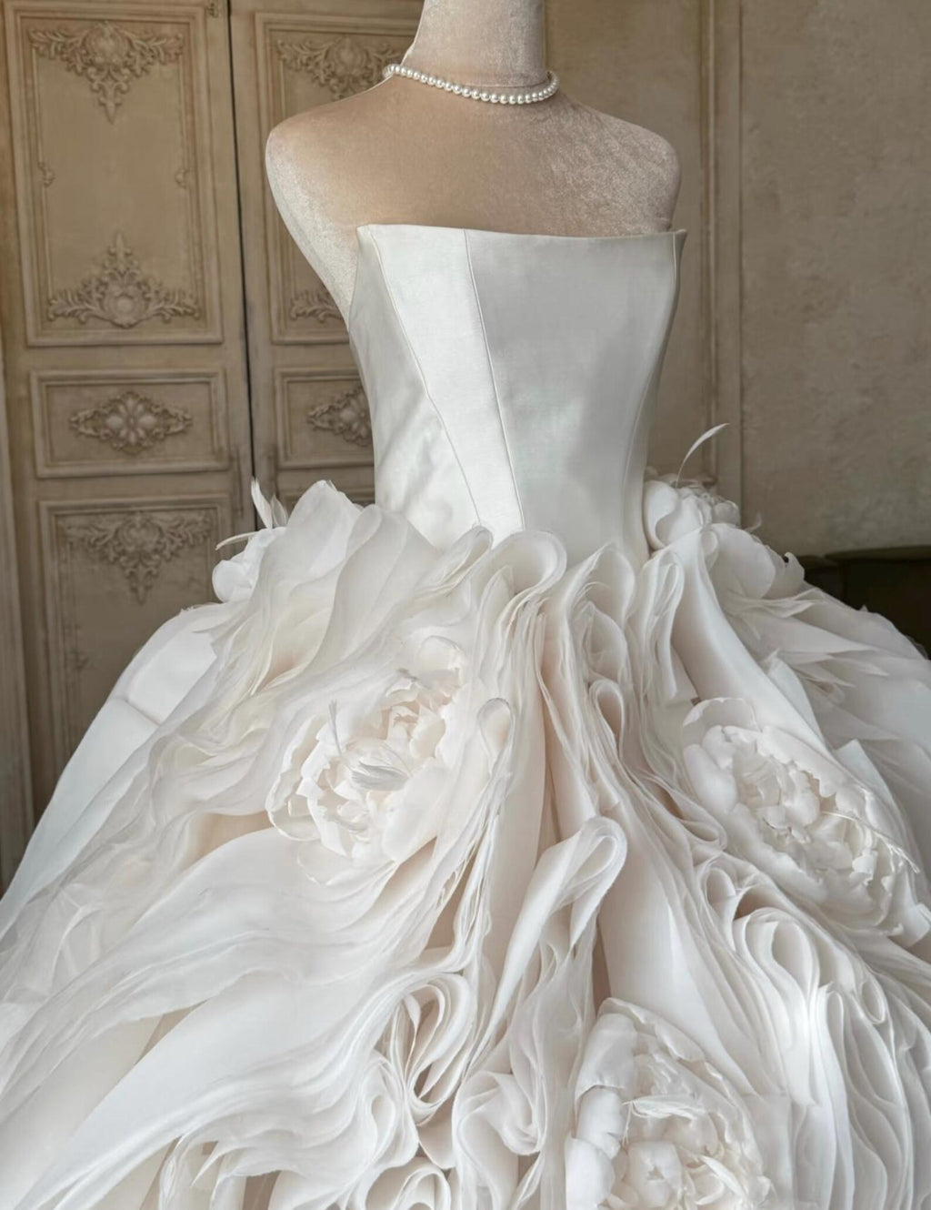 Strapless 3D Floral Wedding Gown, Ruffled Organza Ballgown Wedding Dress