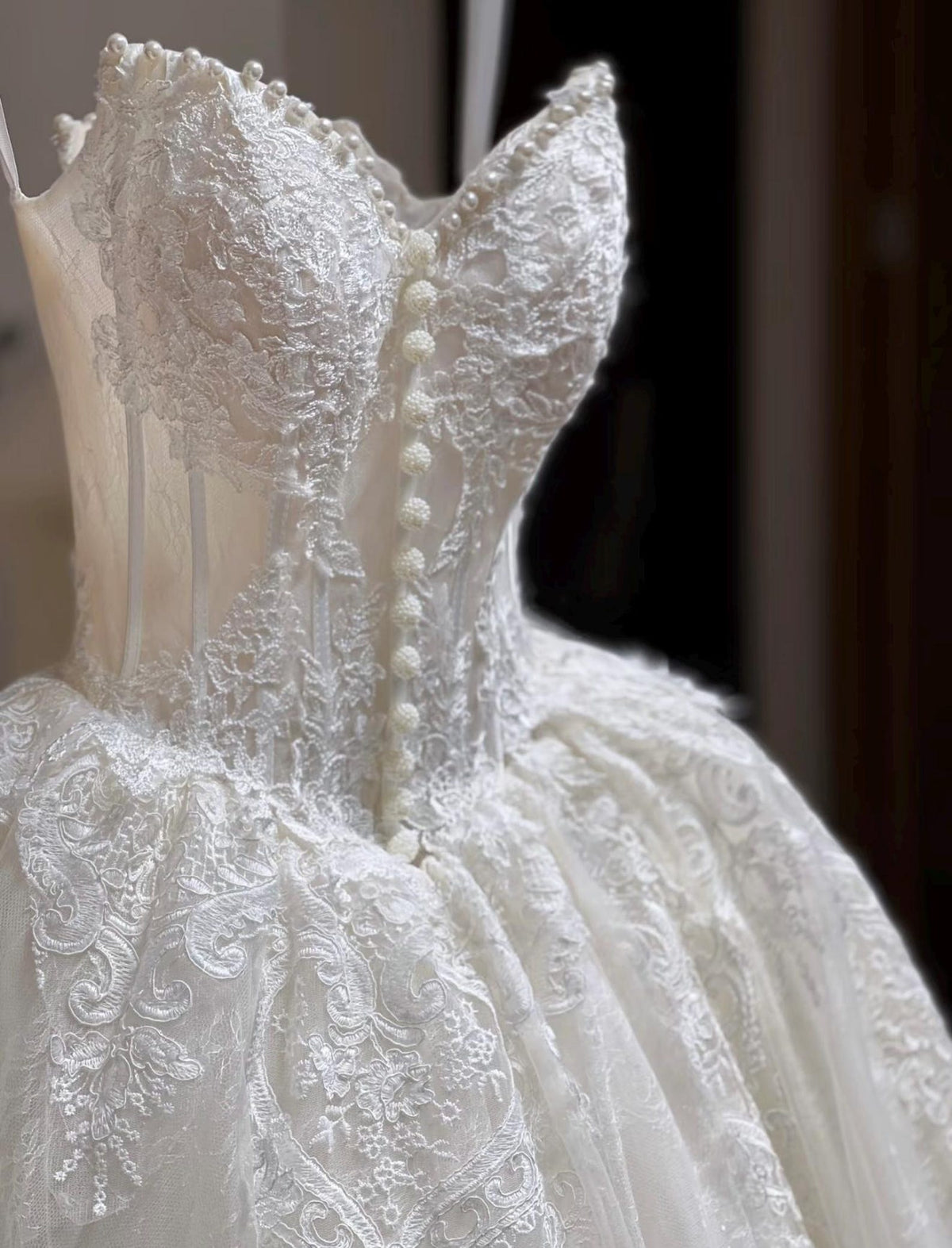 Spaghetti Strap Lace Ballgown Wedding Dress, Sweetheart Corset Bridal Gown
