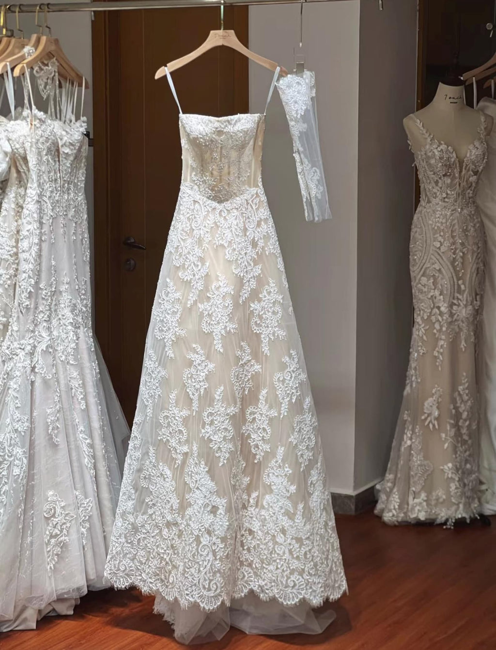 Spaghetti Strap Square Neck Lace A Line Wedding Dress, Bridal Gown with Lace Gloves