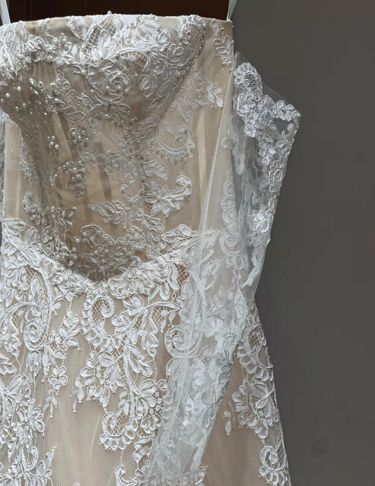 Spaghetti Strap Square Neck Lace A Line Wedding Dress, Bridal Gown with Lace Gloves
