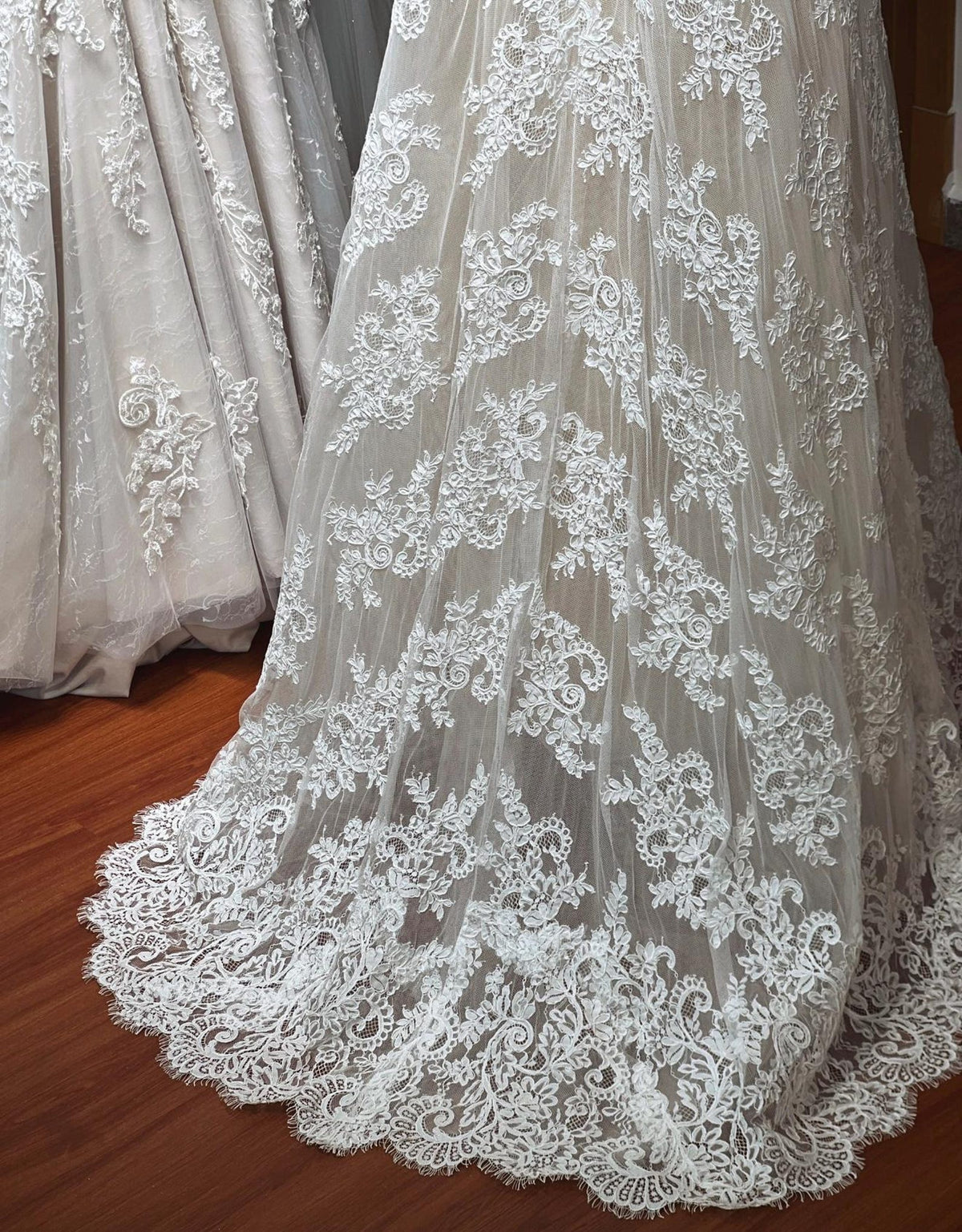Spaghetti Strap Square Neck Lace A Line Wedding Dress, Bridal Gown with Lace Gloves