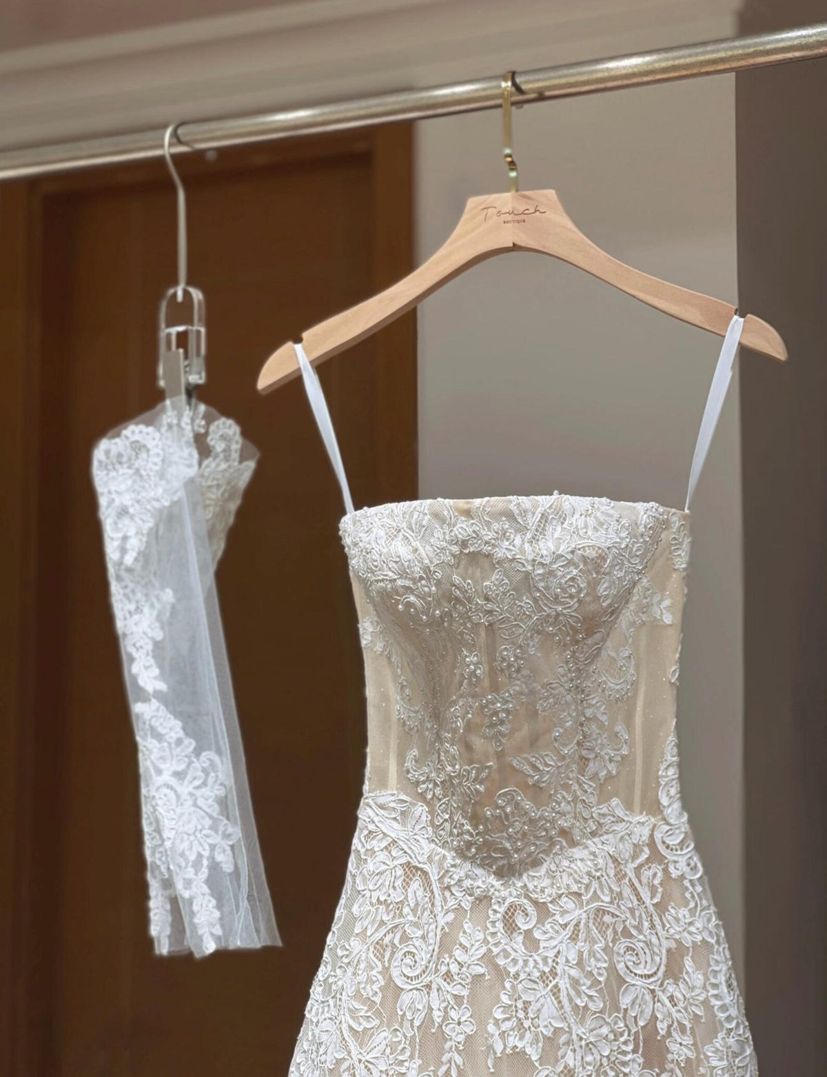 Spaghetti Strap Square Neck Lace A Line Wedding Dress, Bridal Gown with Lace Gloves