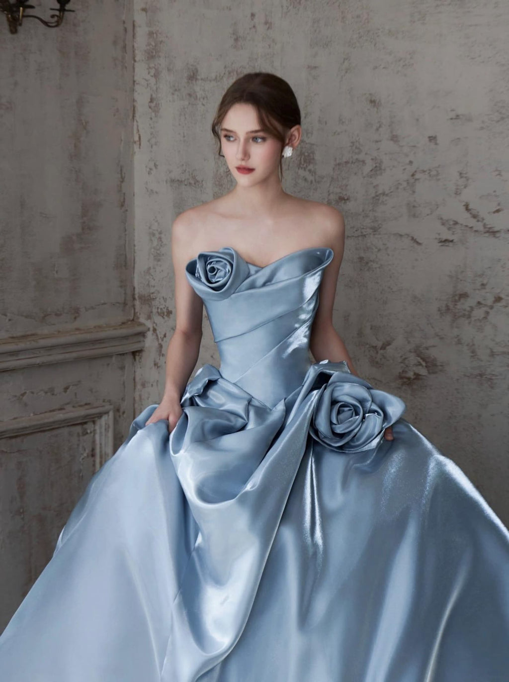 Strapless Dusty Blue Satin Evening Gown,3D Rose Ballgown,Big Train Formal Dress,Prom Gown,Quinceañera Dress