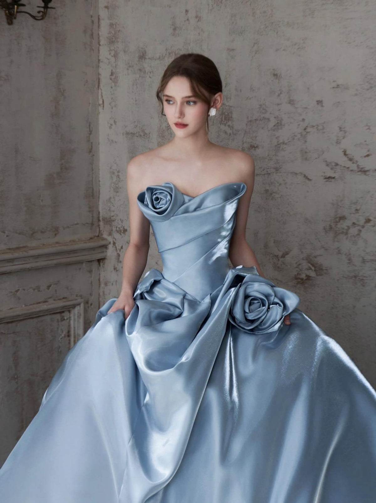 Strapless Dusty Blue Satin Evening Gown,3D Rose Ballgown,Big Train Formal Dress,Prom Gown,Quinceañera Dress