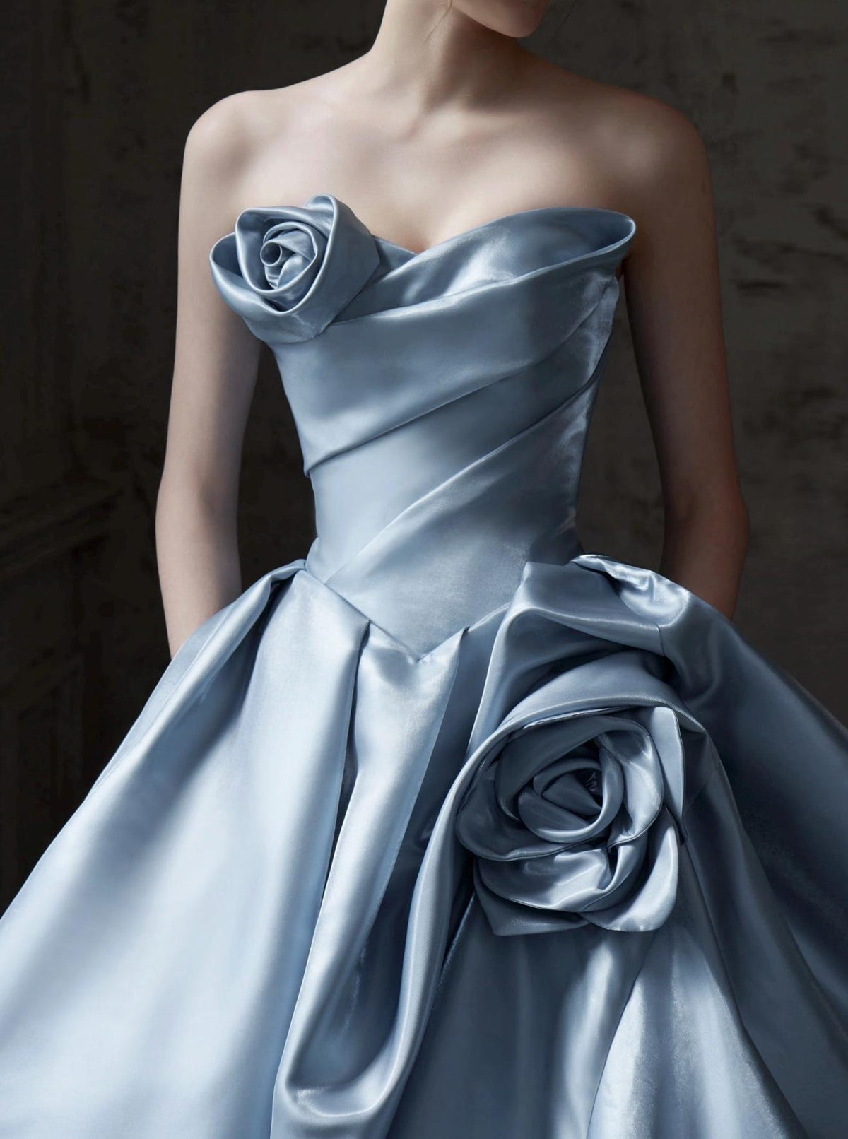 Strapless Dusty Blue Satin Evening Gown,3D Rose Ballgown,Big Train Formal Dress,Prom Gown,Quinceañera Dress