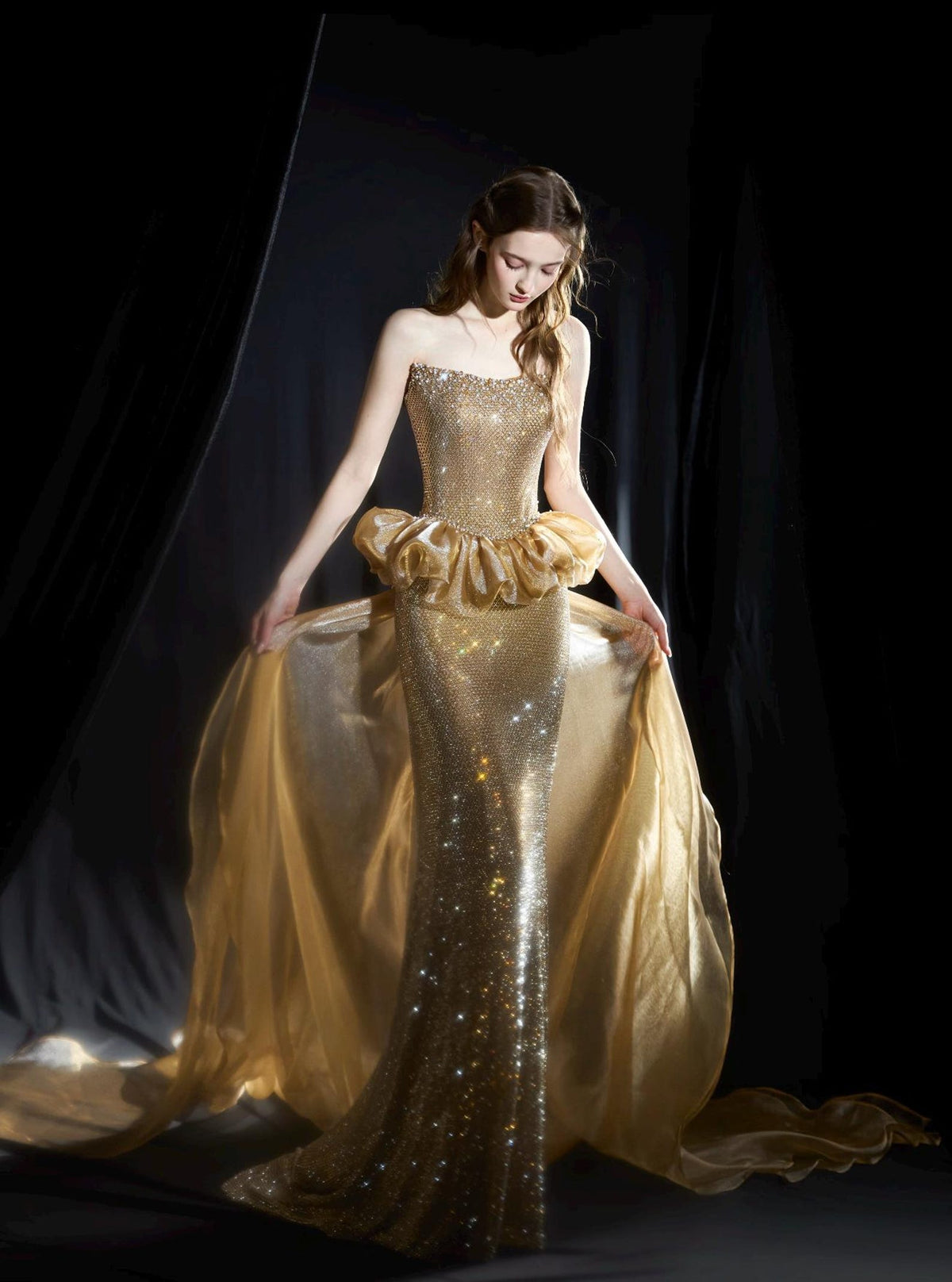 Strapless Gold Mermaid Evening Gown,Full Rhinestone Formal Dress,Ruffled Waist Detachable Tulle Train,Prom Pageant Gown
