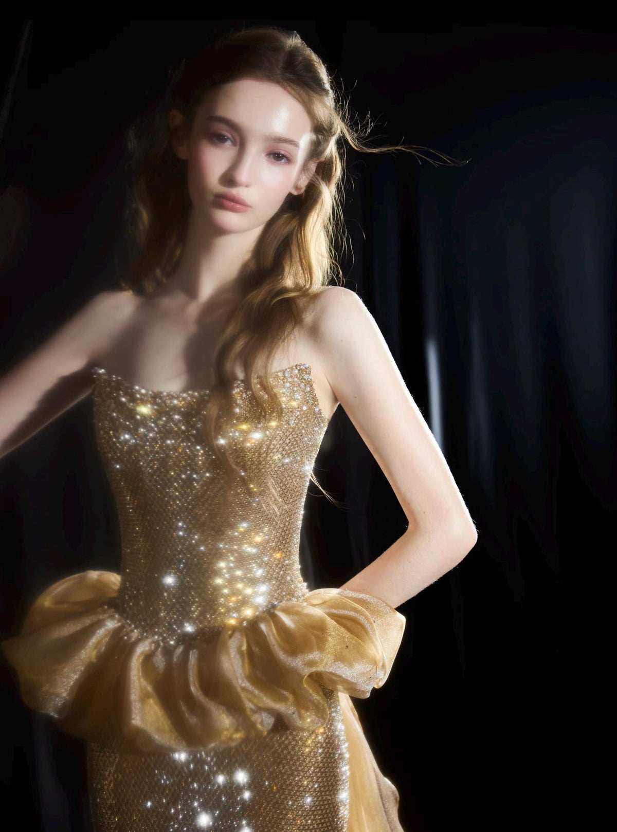 Strapless Gold Mermaid Evening Gown,Full Rhinestone Formal Dress,Ruffled Waist Detachable Tulle Train,Prom Pageant Gown