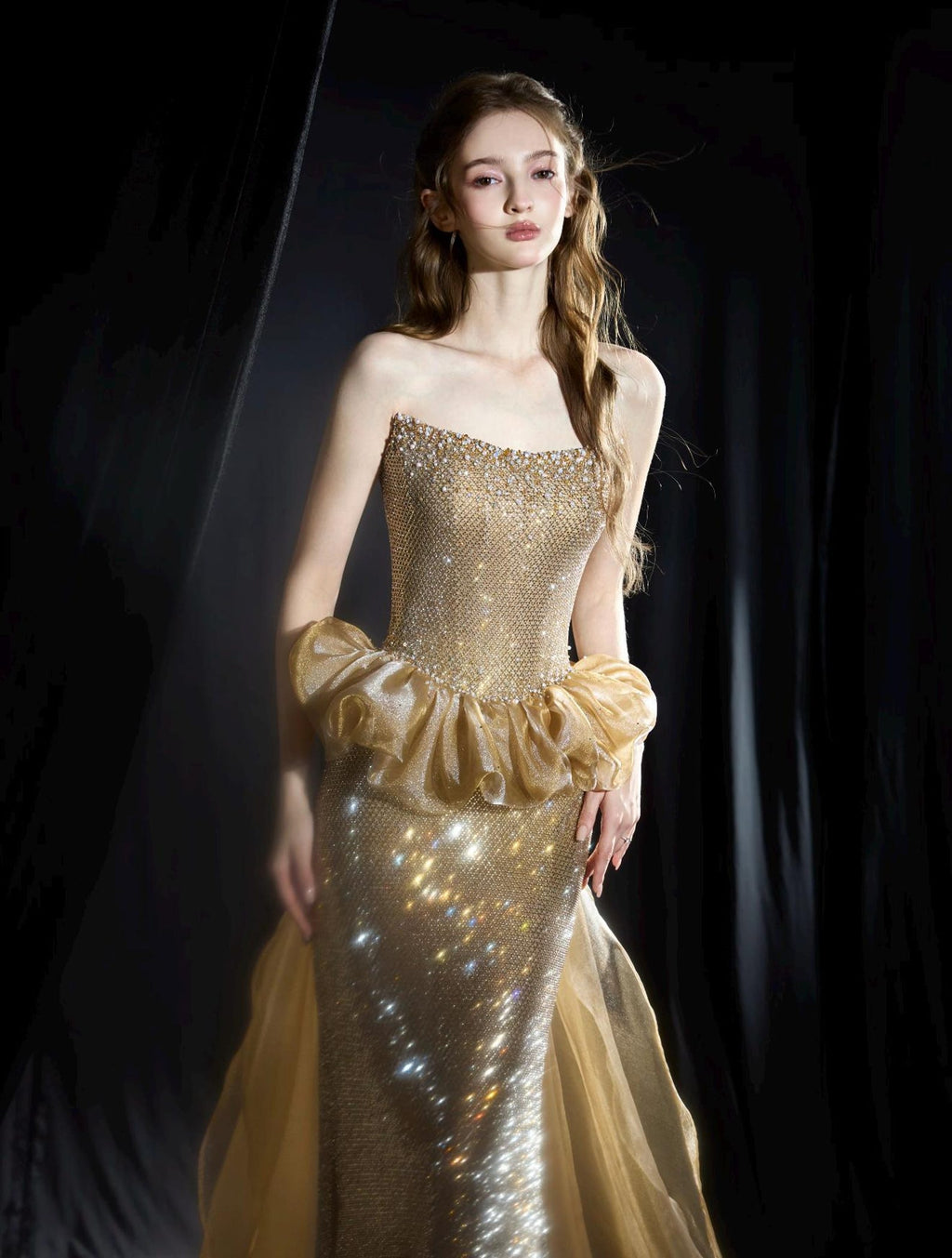 Strapless Gold Mermaid Evening Gown,Full Rhinestone Formal Dress,Ruffled Waist Detachable Tulle Train,Prom Pageant Gown