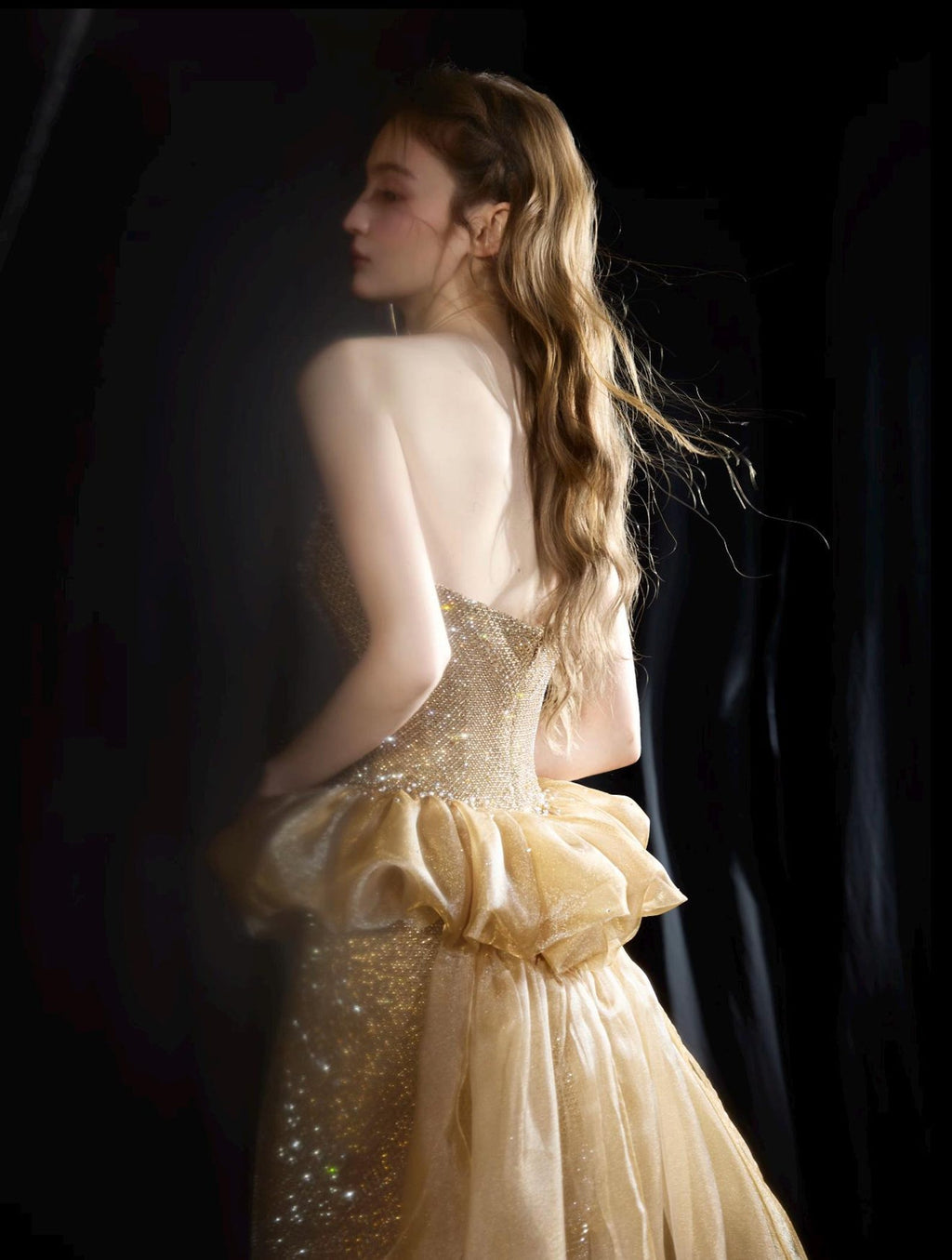 Strapless Gold Mermaid Evening Gown,Full Rhinestone Formal Dress,Ruffled Waist Detachable Tulle Train,Prom Pageant Gown