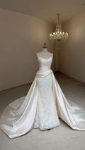 Strapless Mikado Satin Ballgown Wedding Dress, Structured Sash Bow A Line Bridal Gown With Train
