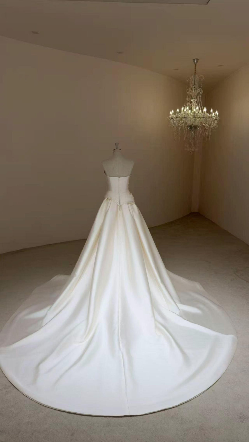 Strapless Mikado Satin Ballgown Wedding Dress, Structured Sash Bow A Line Bridal Gown With Train